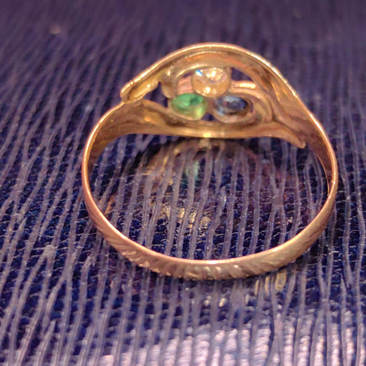 1900s Art Nouveau Natural Emerald Sapphire Diamond 14k Solid Yellow Rose Champagne Gold Vintage Antique Three Stone Elegant Engagement Ring