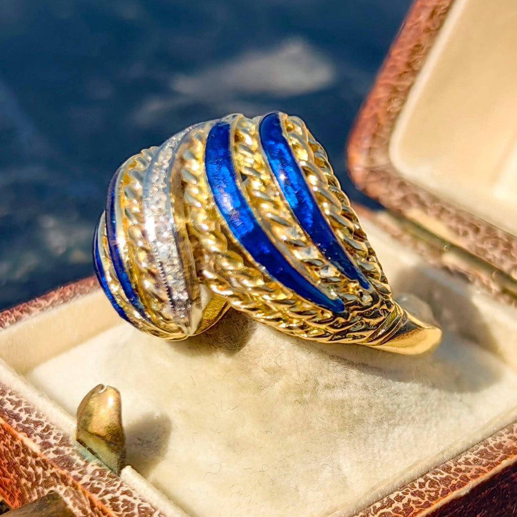 Vintage Antique Diamond Gold Blue Fire Enamel Statement Ring