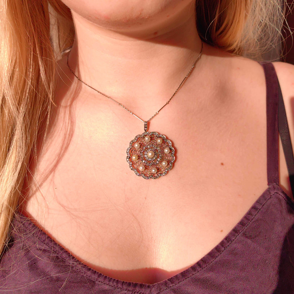 Edwardian 14K Solid Gold Natural Diamond Pearl Statement large Pendant  Antique Art Deco Filigree Handmade Gift for Her