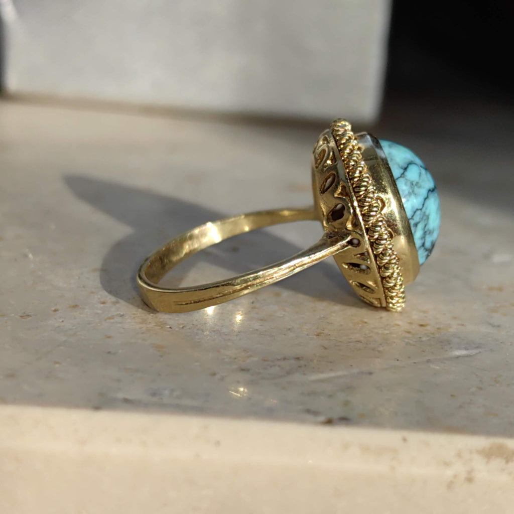 Art Deco 18k Gold Turquoise Ring: Mid Century Statement Jewelry
