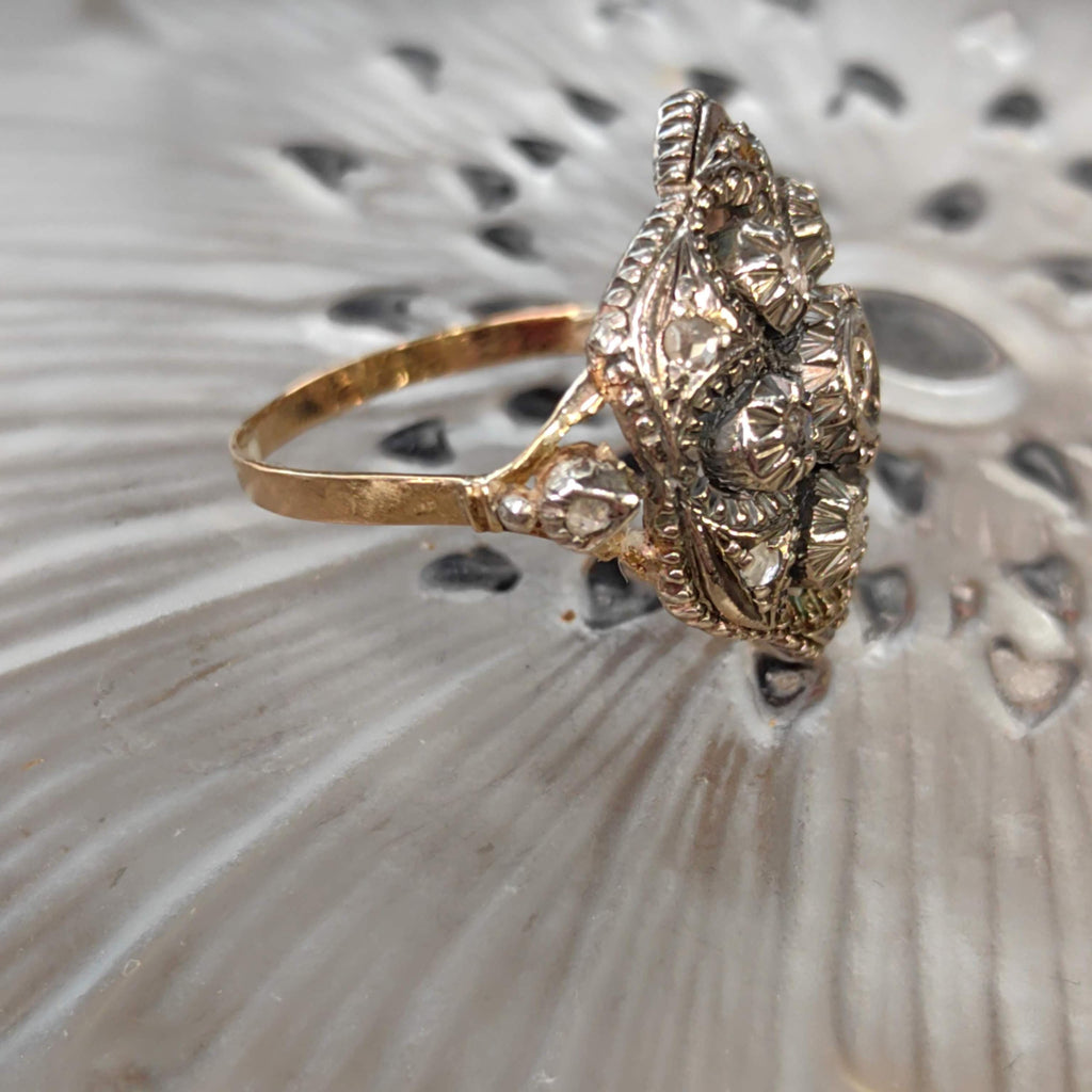 Antique Art Deco 1920s natural Old European Rose Diamond Engagement Ring 18k Solid yellow Gold Silver Setting Floral Statement Ring Gift