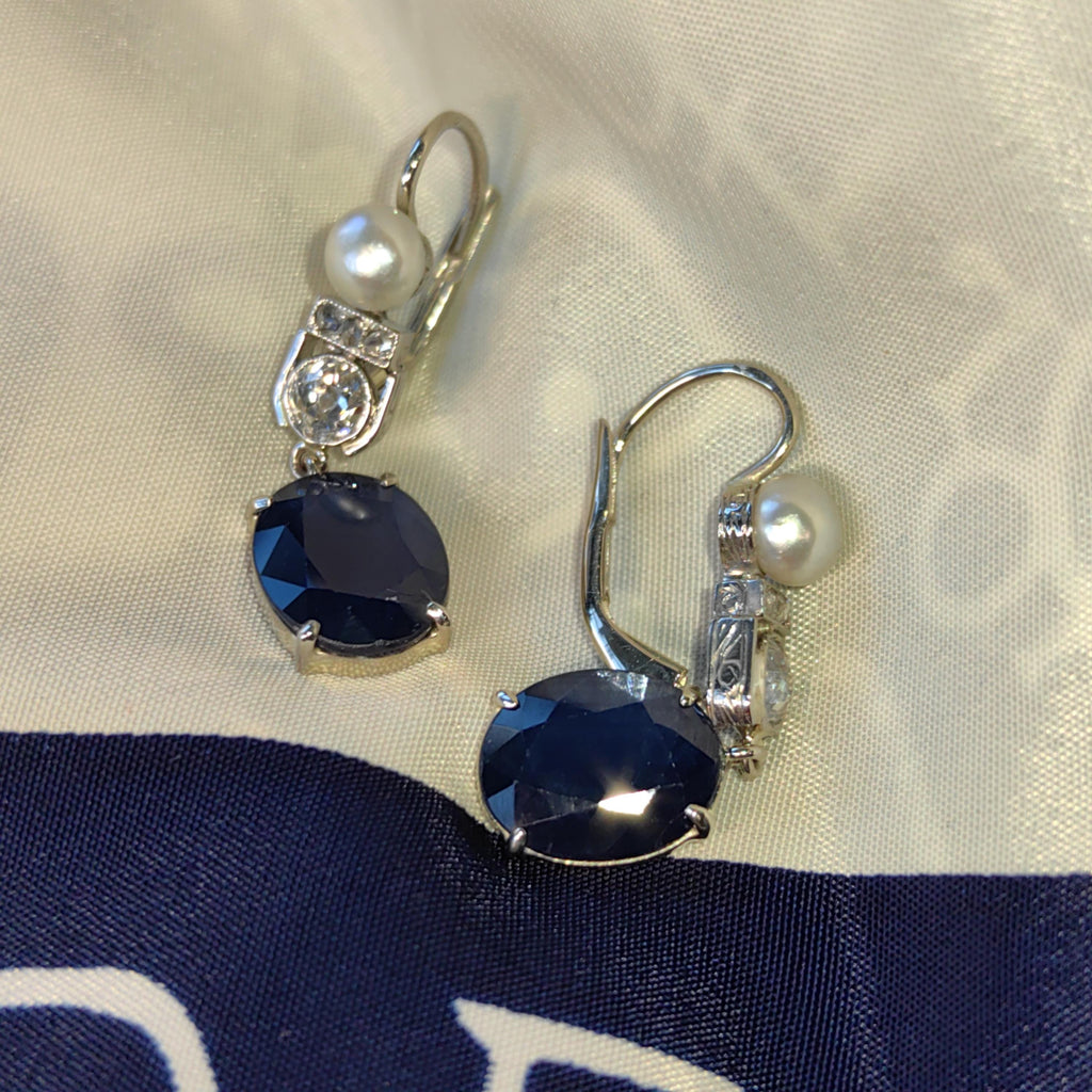 Art Deco Natural Sapphire Diamond Pearl Solid 18k White Gold Dangle Drop 1920s Antique Vintage Elegant Edwardian Earrings Gift for Her
