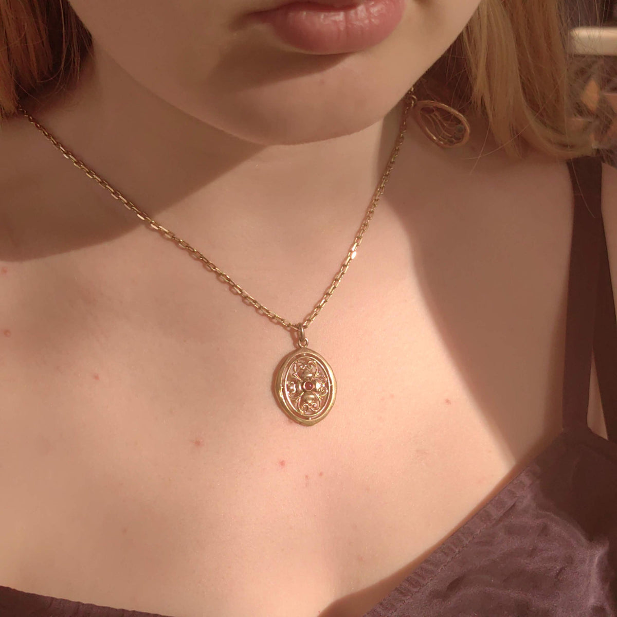 Vintage Gold-Filled Pendant: Art Nouveau Floral Charm with Artificial Ruby