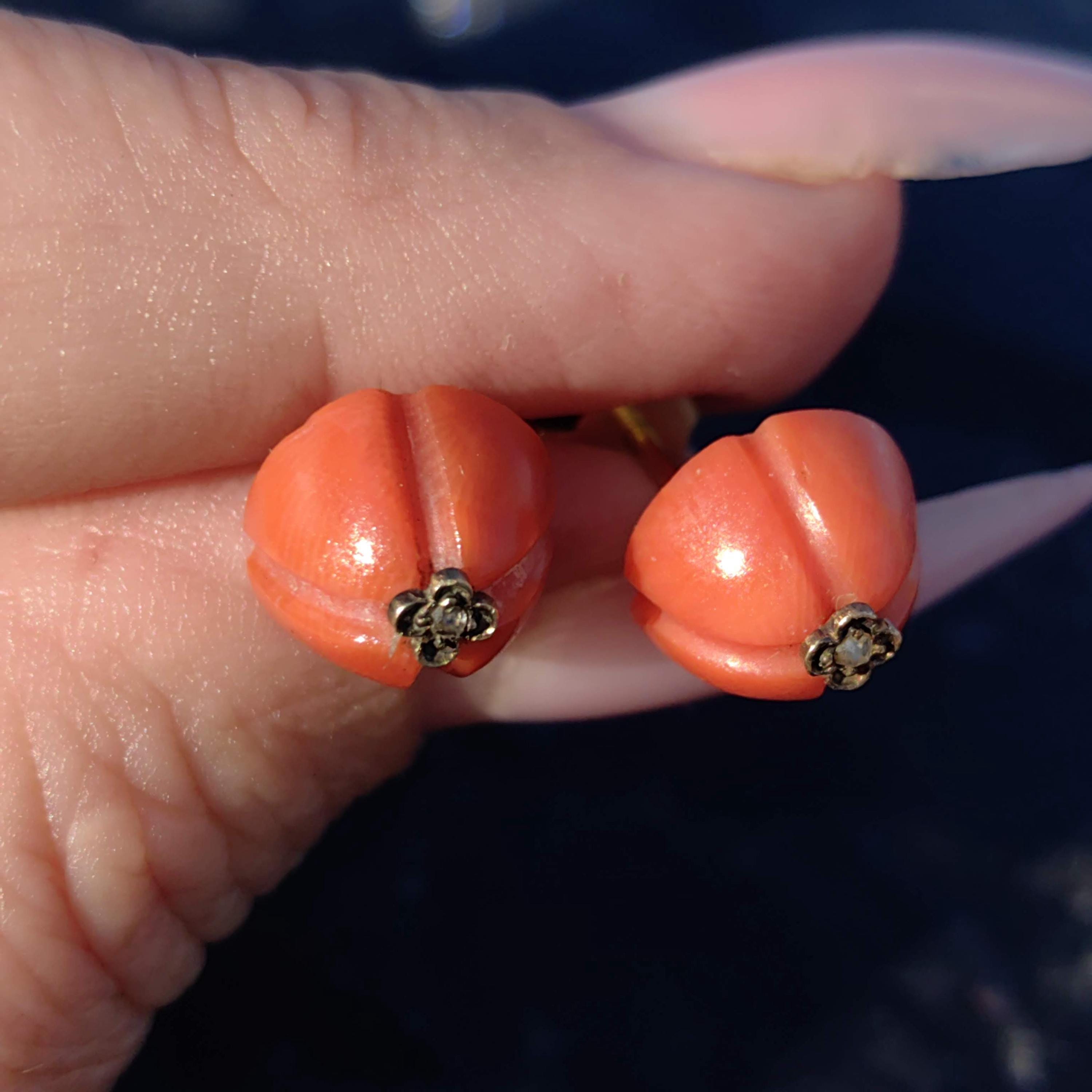 Victorian Coral Stud Earrings: Rose Diamond 18k Gold, Antique 1880s