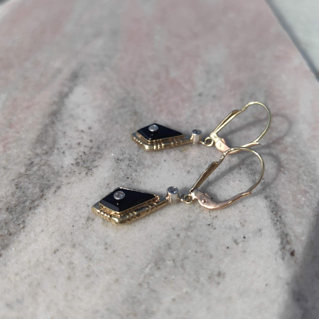 1920s Art Deco Onyx Diamond Dangle Earrings, 14k Gold Old European Cut Hallmarked Antique