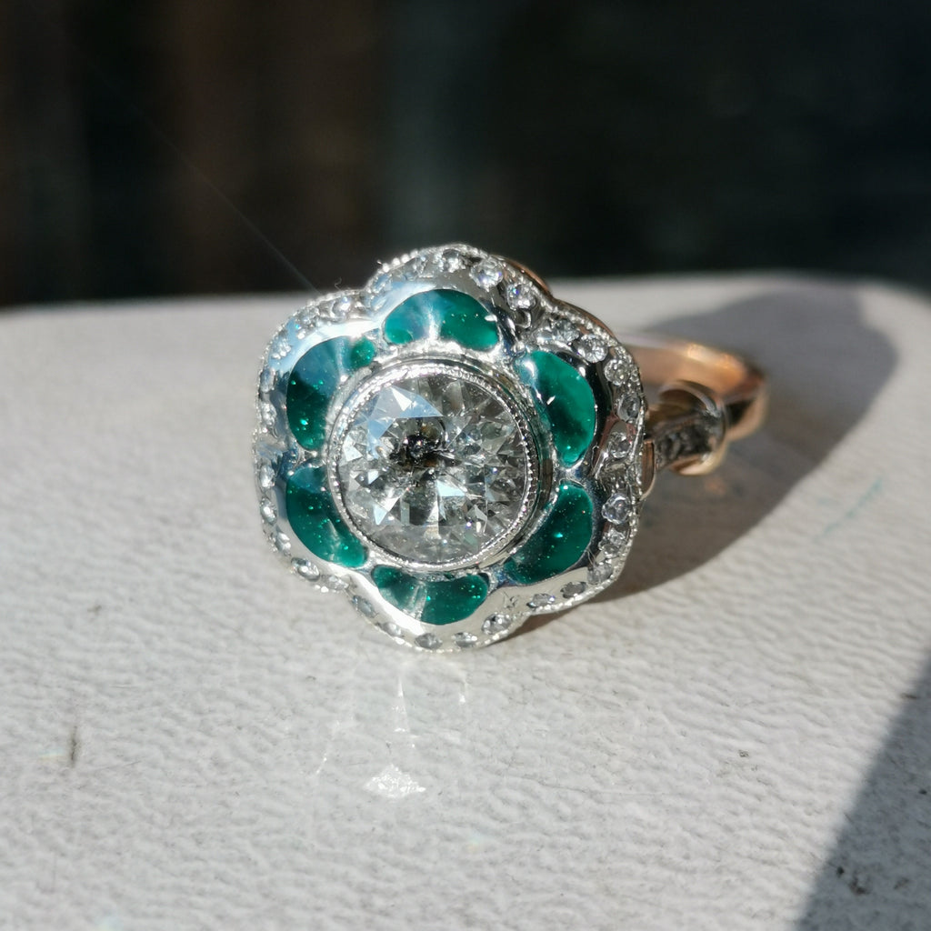 Art Deco Diamond Enamel Ring: 2.15ct Old European Cut, 14k Yellow Gold