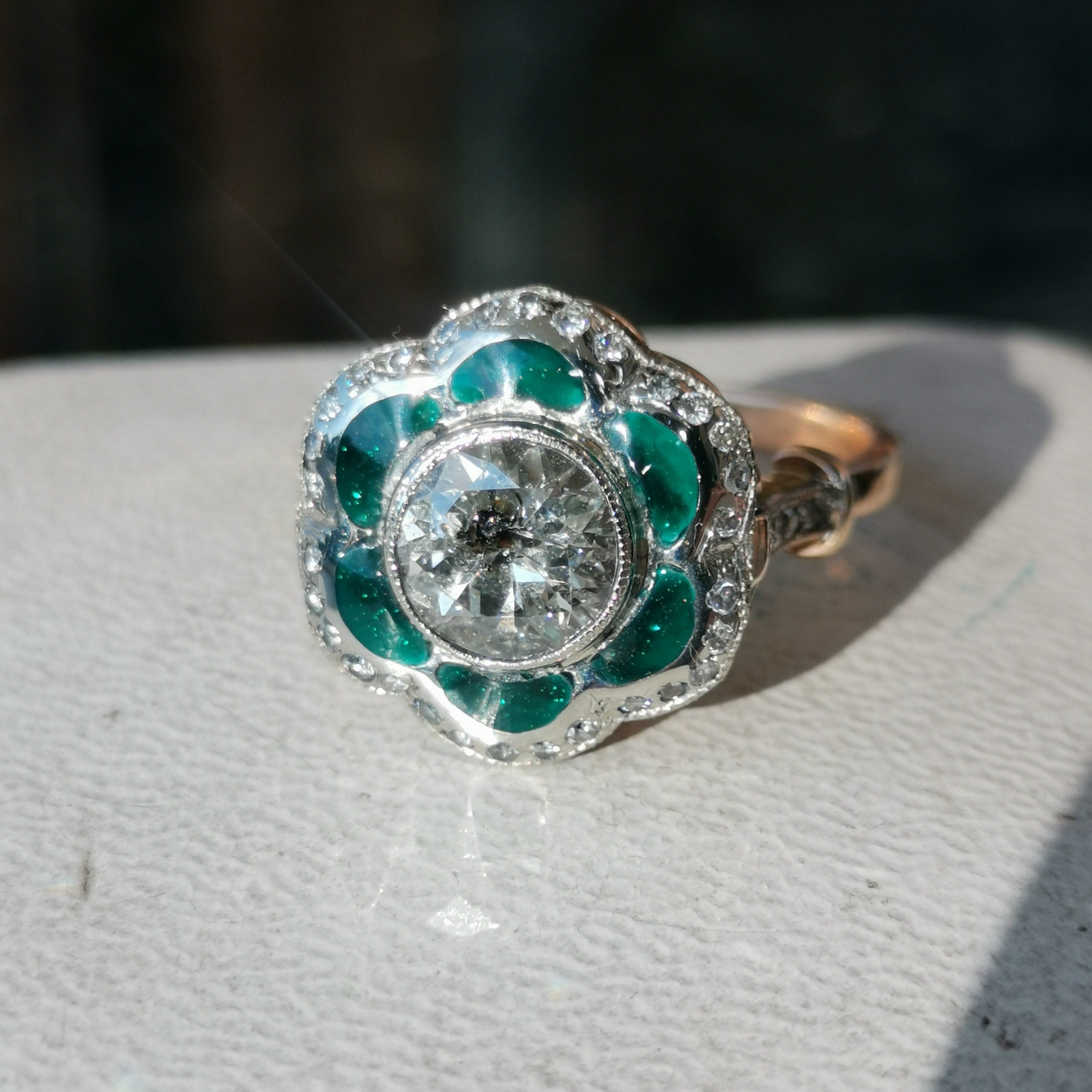 Art Deco Diamond Enamel Ring: 2.15ct Old European Cut, 14k Yellow Gold