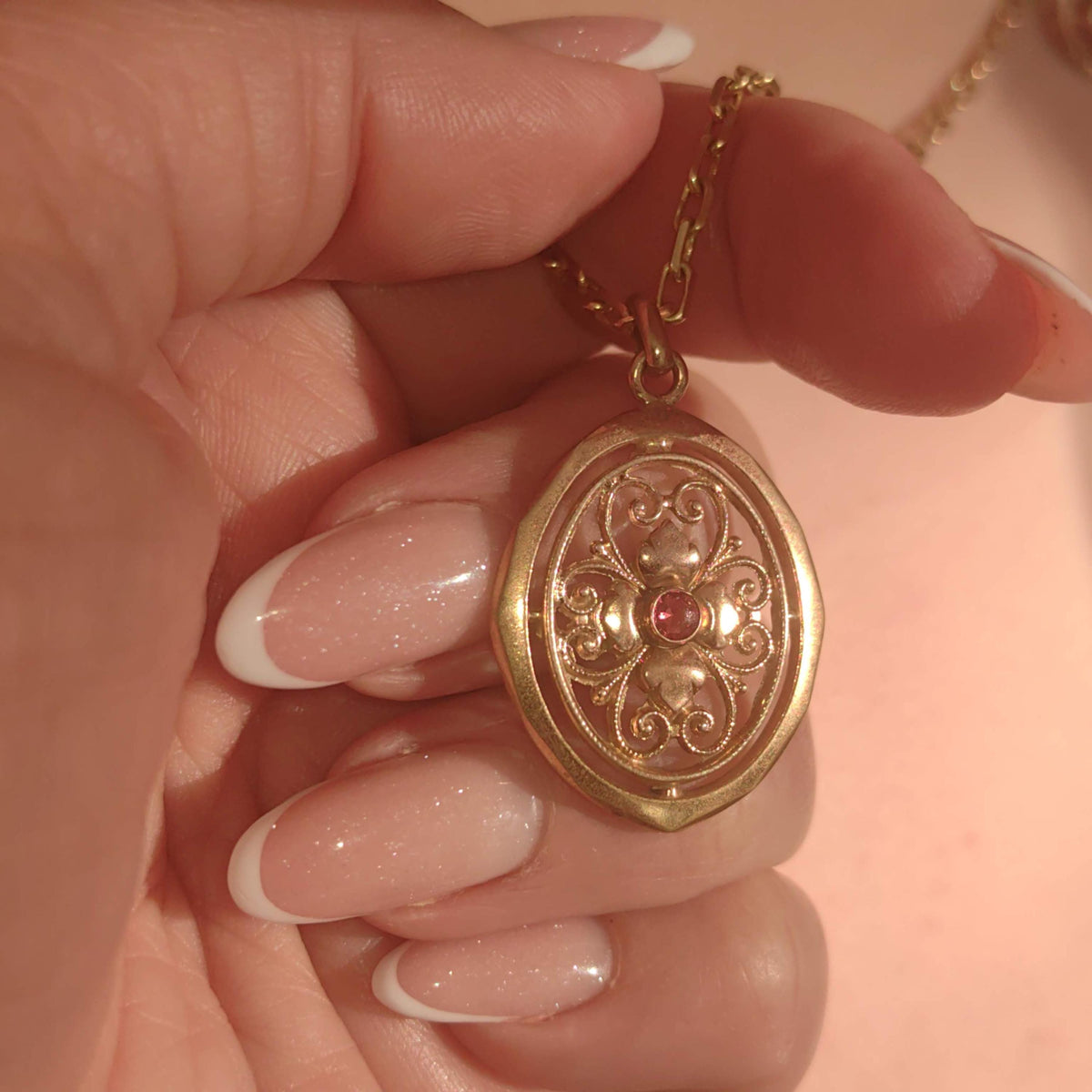 Vintage Gold-Filled Pendant: Art Nouveau Floral Charm with Artificial Ruby