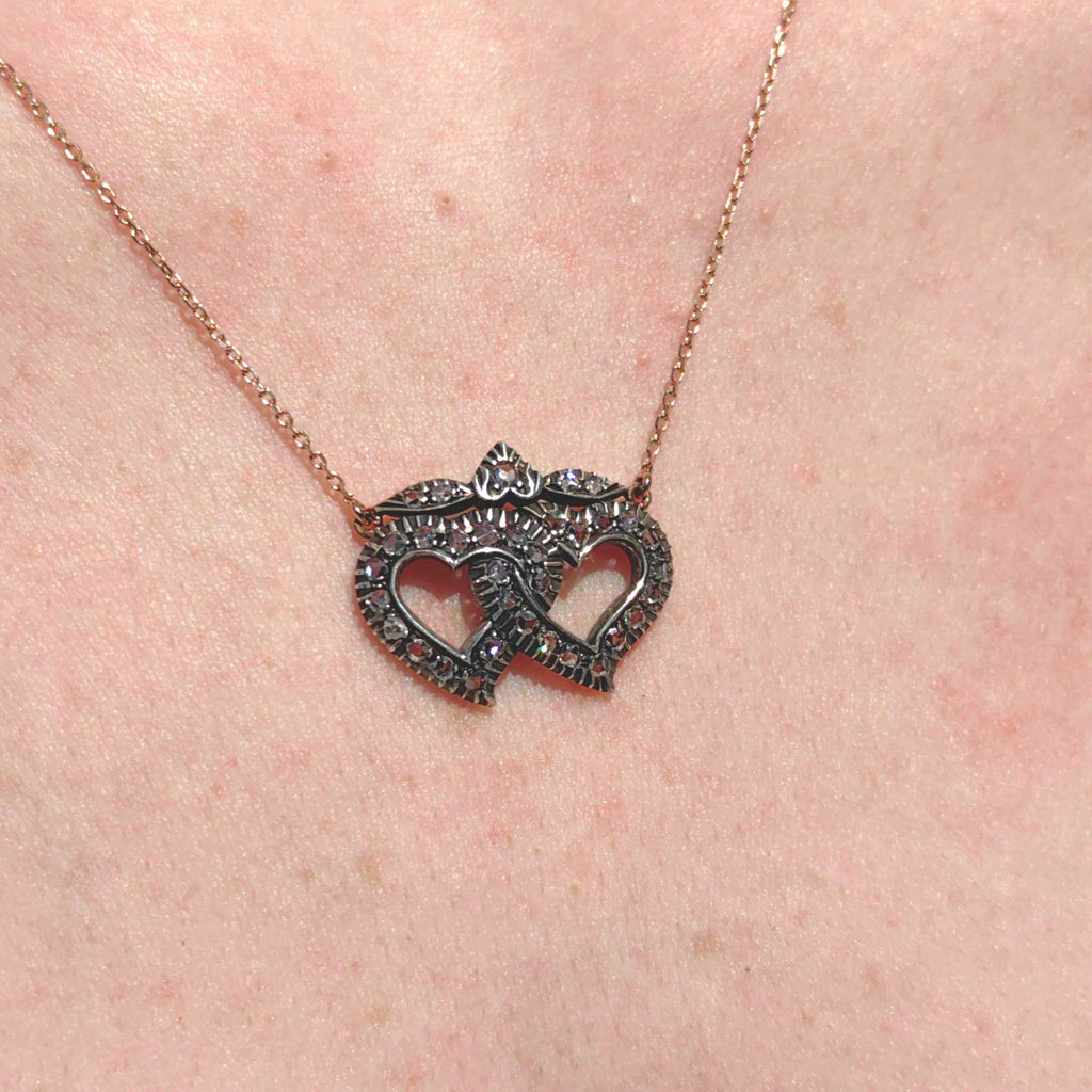 Antique Rose cut Natural Diamond Heart Shaped Love Romantic Pendant Necklace  14k Solid Yellow Gold & Silver Elegant Necklace