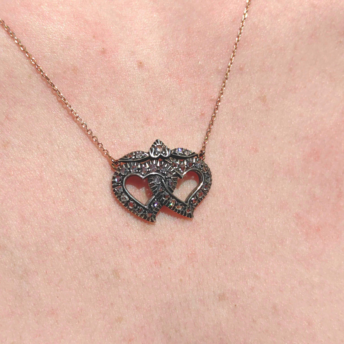Antique Rose cut Natural Diamond Heart Shaped Love Romantic Pendant Necklace  14k Solid Yellow Gold & Silver Elegant Necklace