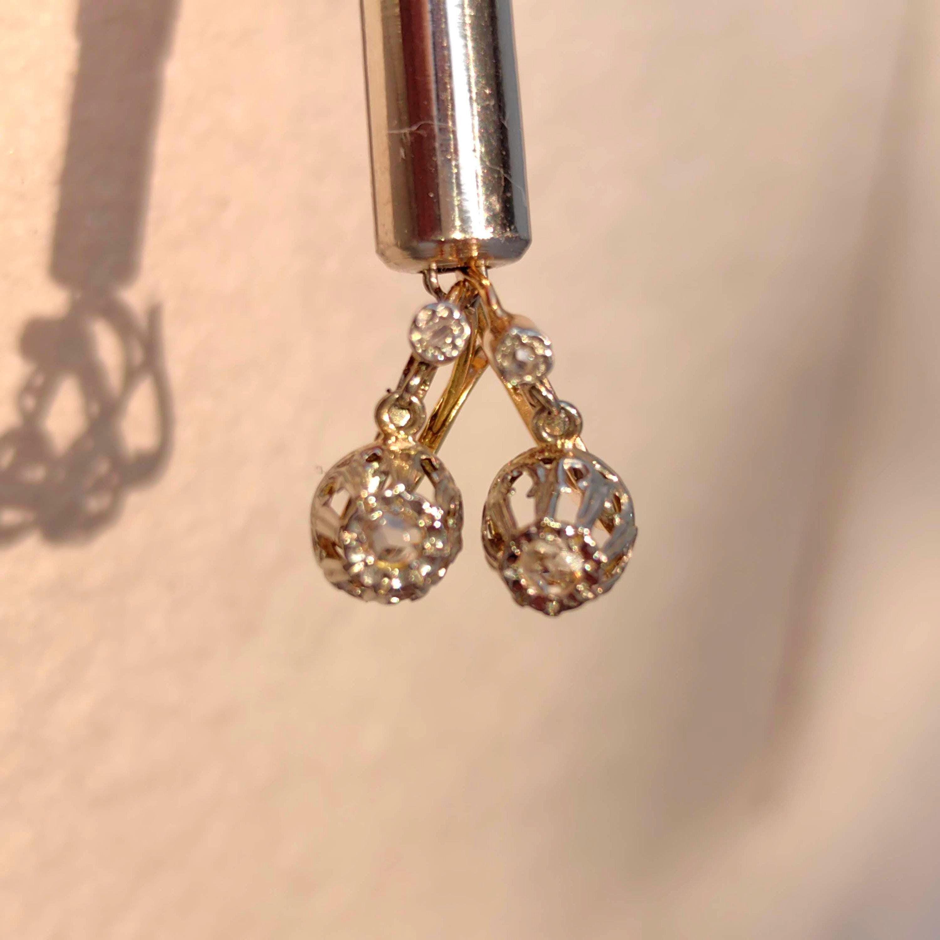1940s Art Deco Diamond 18k Gold Earrings: Lever Back Dormeuse