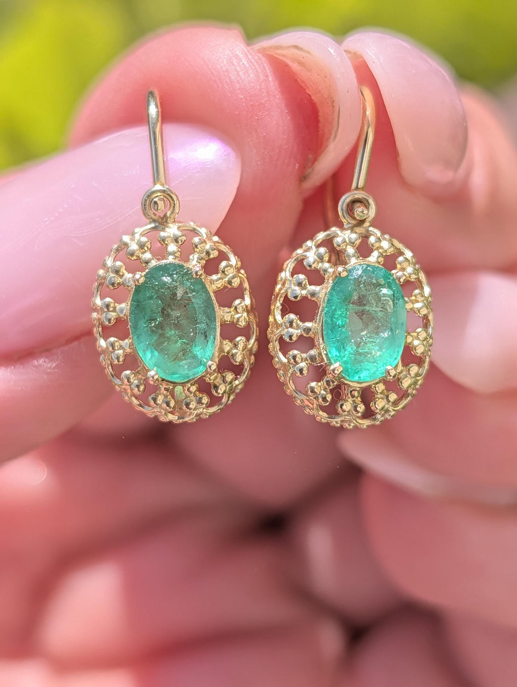 Late Art Deco 1940s Emerald Earrings, 14k Yellow Gold Natural Emerald Drop Earrings, Vintage Heirloom Fine Dangle Earrings Gift for Her
