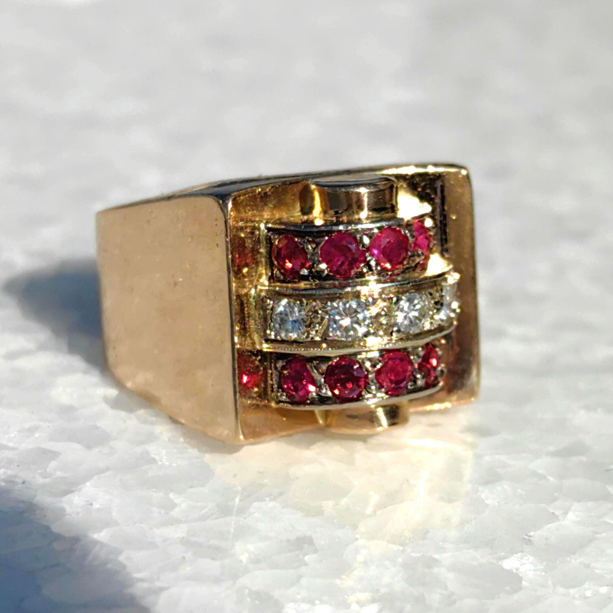 French Art Deco 18k Gold Tank Chevalier Ring: natural Ruby, Diamond Statement Jewelry 1920s luxurious stylish gift, Unisex original antique