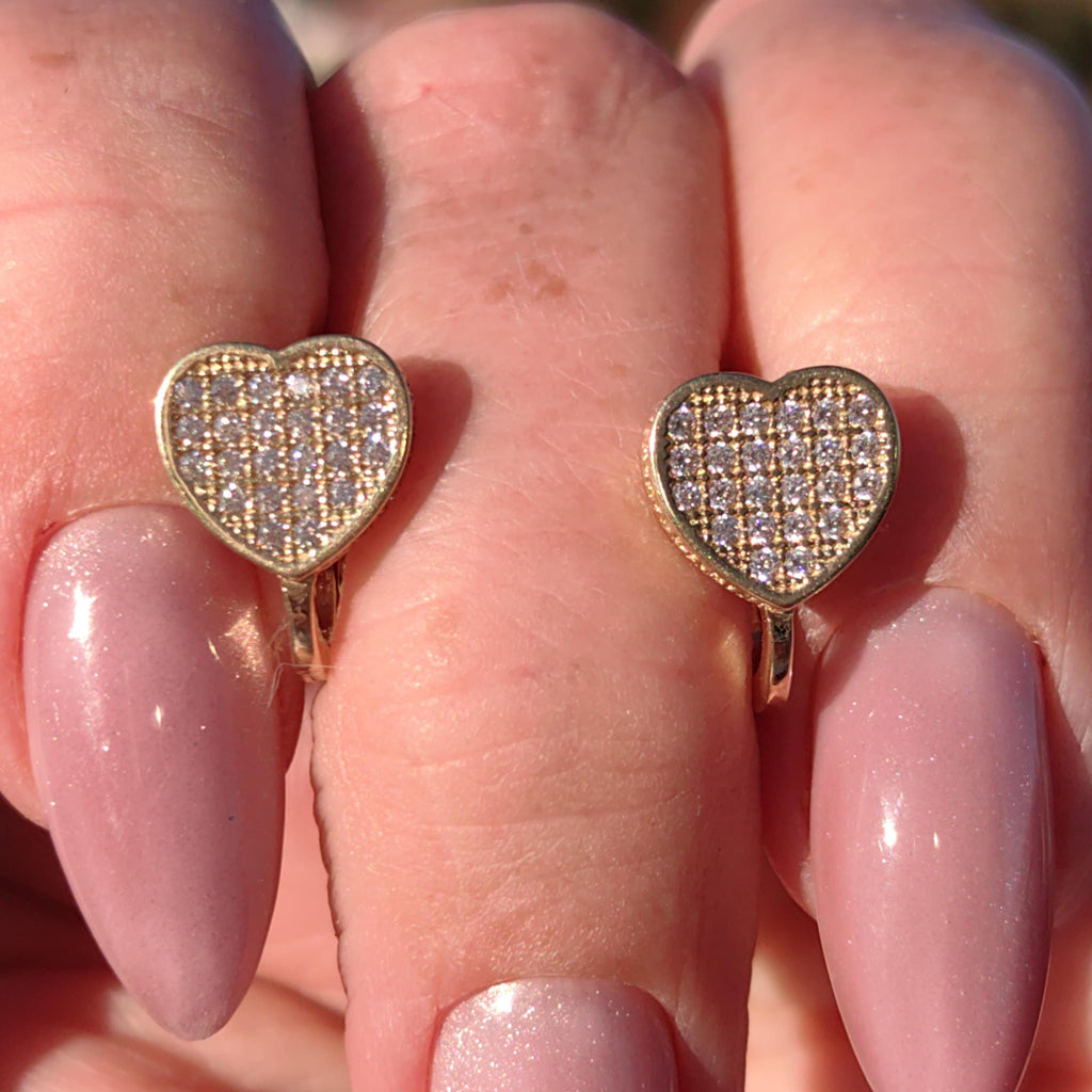 Heart 14k Solid Yellow Gold CZ Pavé Vintage Earrings Love Romantic Gift for her Elegant Dainty Earrings Leverback closure secure hinged back