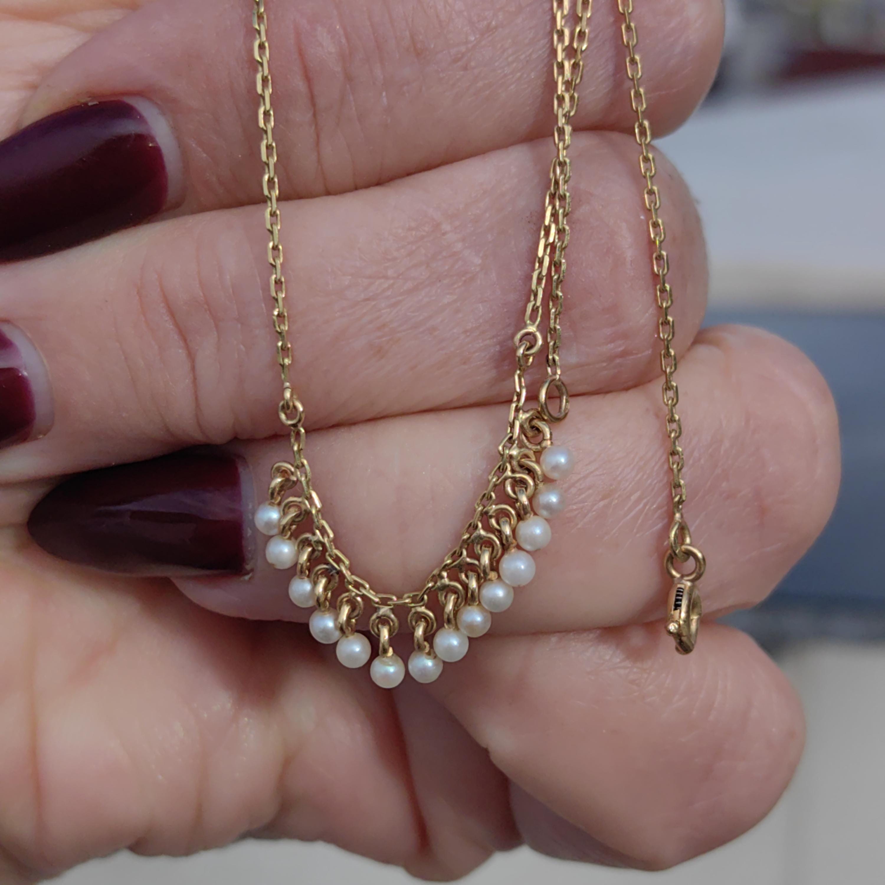 Victorian 1890s French Vintage Solid Yellow Gold Dainty Small Natural Gris Pearl Beaded Chain Necklace Elegant Antique Necklace