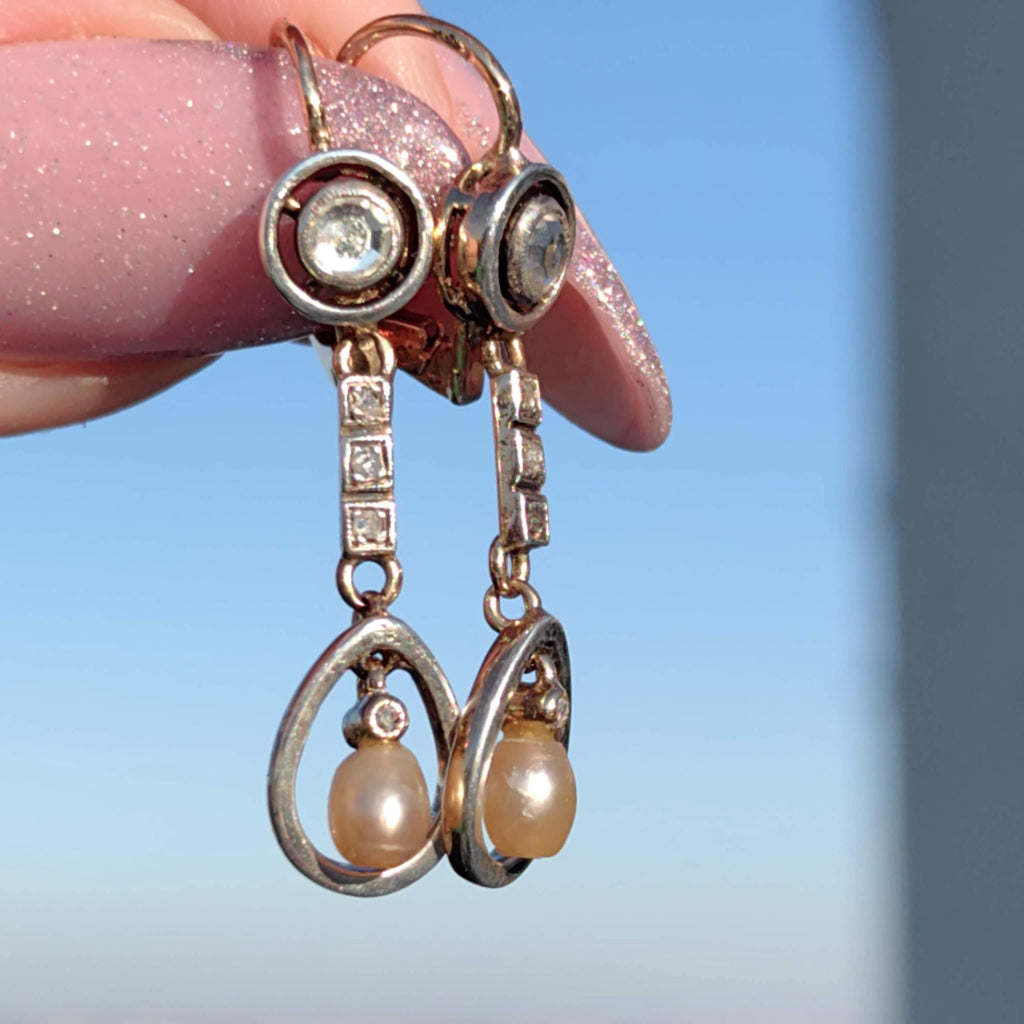 Antique 18k Gold Pearl Earrings: Rose Cut Diamond Art Nouveau Dangles