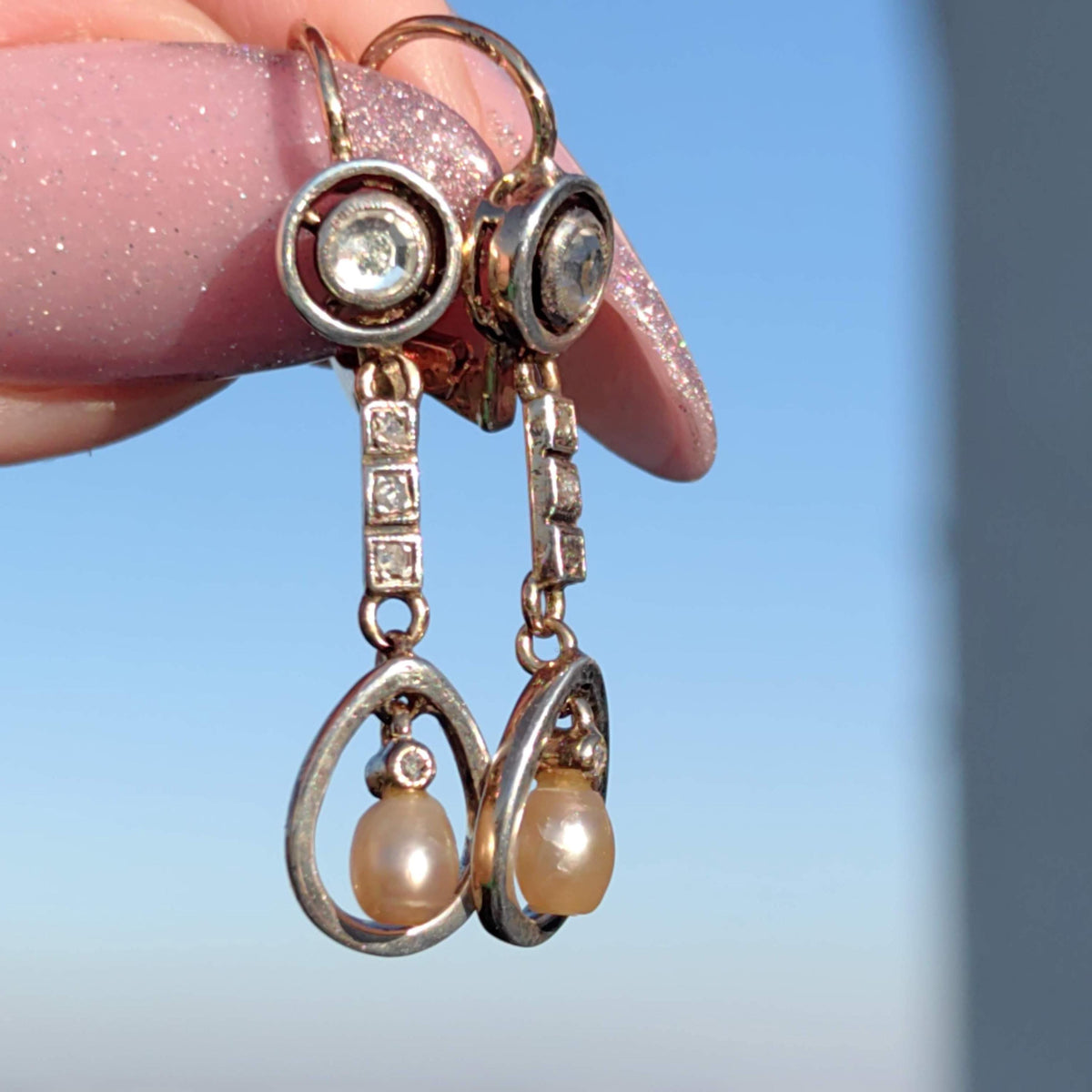 Antique 18k Gold Pearl Earrings: Rose Cut Diamond Art Nouveau Dangles