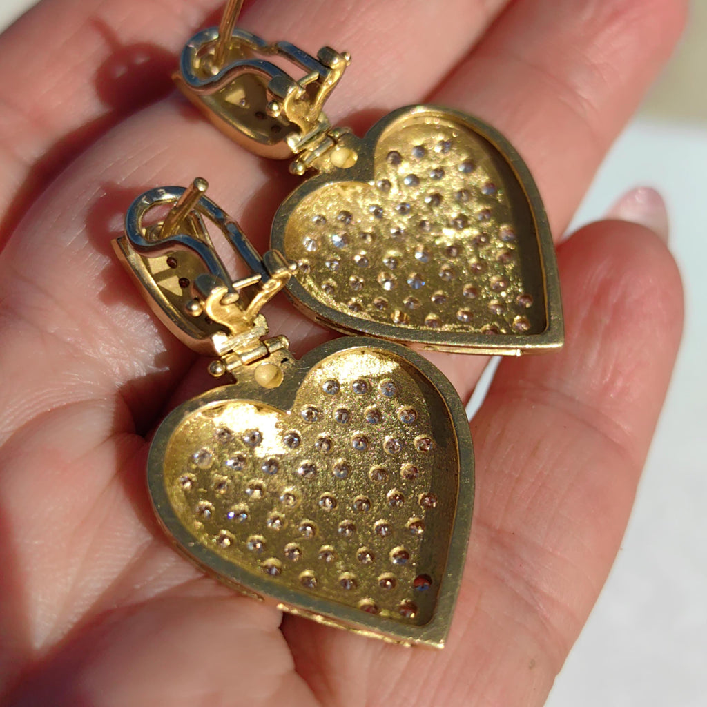 Antique Diamond Heart Earrings: 18k Yellow Gold Dangle Earrings