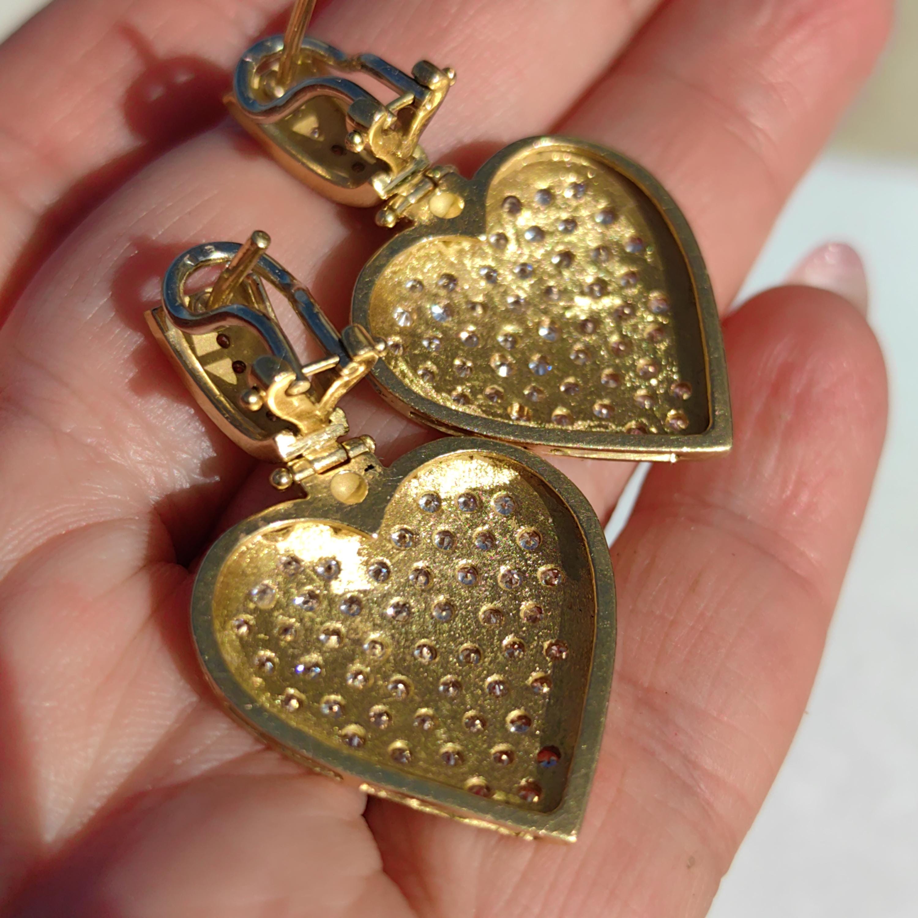 Antique Diamond Heart Earrings: 18k Yellow Gold Dangle Earrings