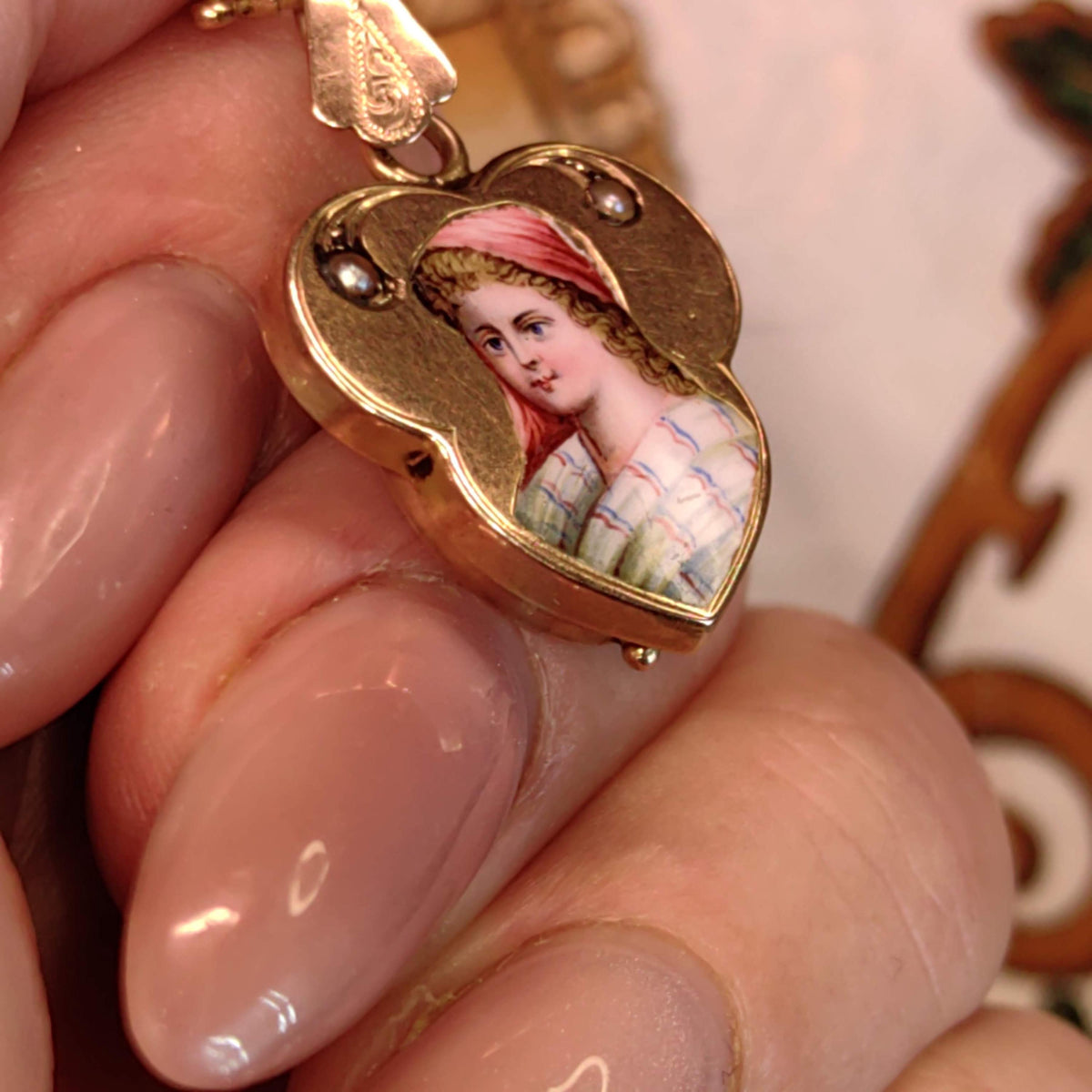 Art Nouveau 1900s  Pearl and 14k Solid Yellow Rose Champagne Gold Hand Painted Fire Enamel Women Portrait Miniature Pendant Gift for Her