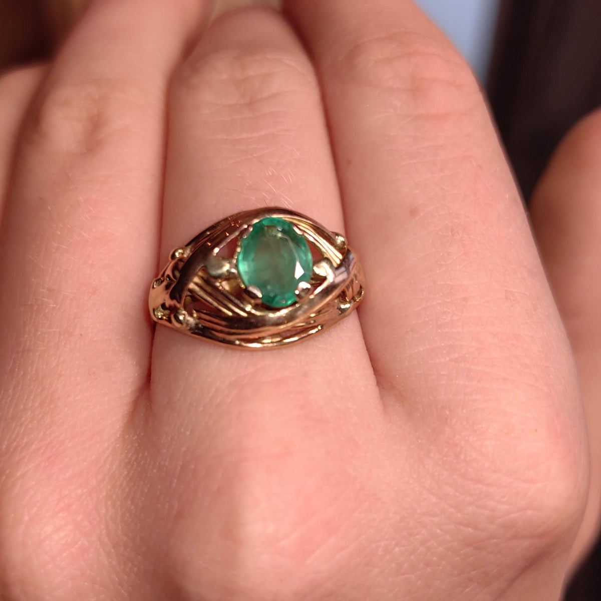 Art Nouveau 1900s Emerald Hallmarked 14k 585 Solid Yellow Rose Gold Antique Vintage Oval Natural Stone Band Solitaire Ring Gift Present
