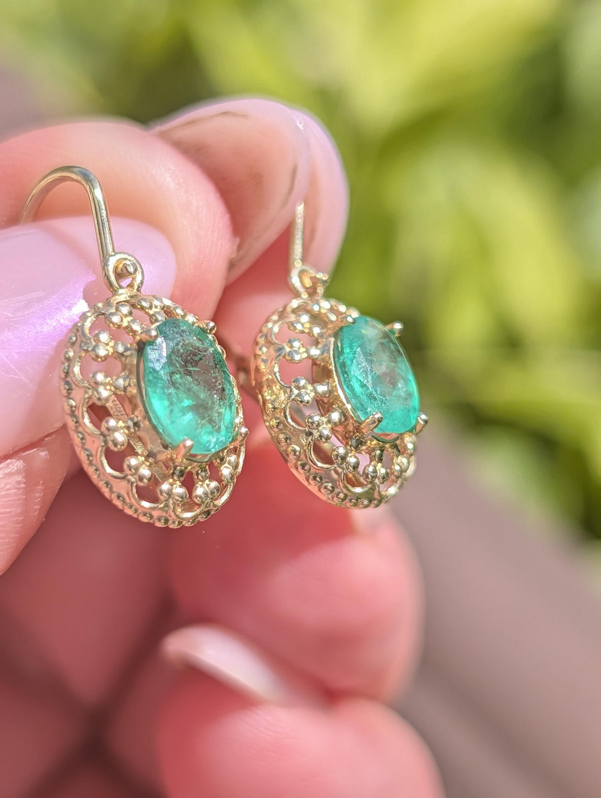 Late Art Deco 1940s Emerald Earrings, 14k Yellow Gold Natural Emerald Drop Earrings, Vintage Heirloom Fine Dangle Earrings Gift for Her