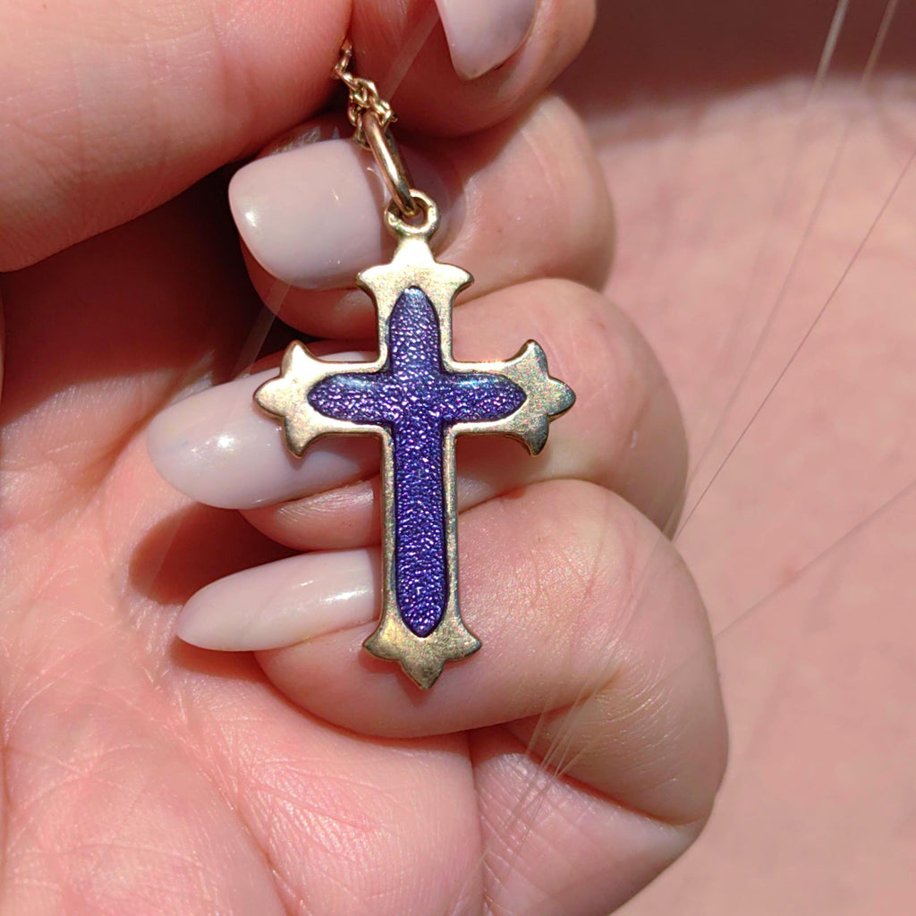 14k Yellow Rose Champagne Solid Gold Latin Cross  Catholic Pendant Blue Purple Enamel Christian Jewelry Gift Present