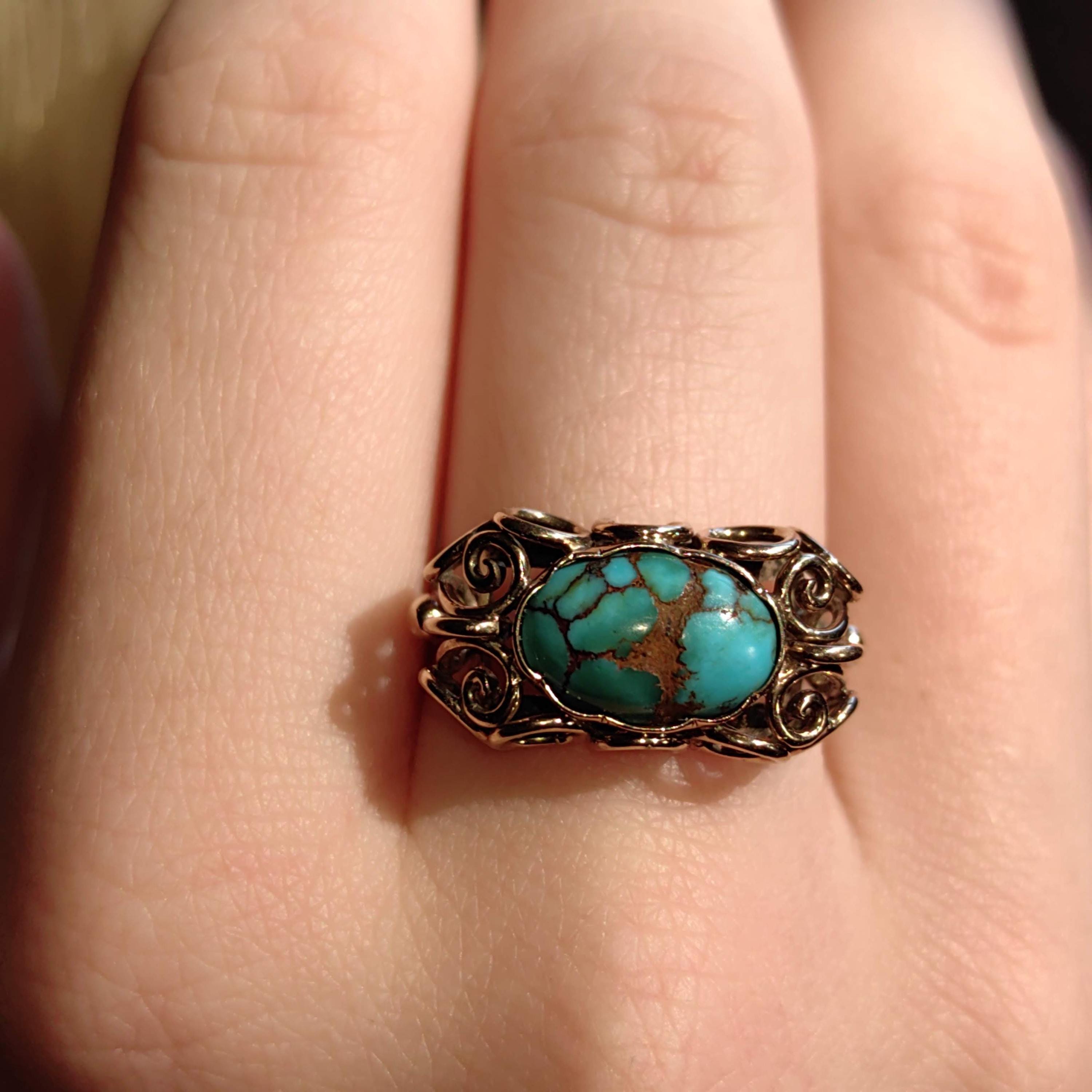 Art Deco Natural Blue Turquoise Ring, 14k Yellow Gold Antique Statement Ring, 1930s Cabochon Gemstone Vintage Jewelry Gift