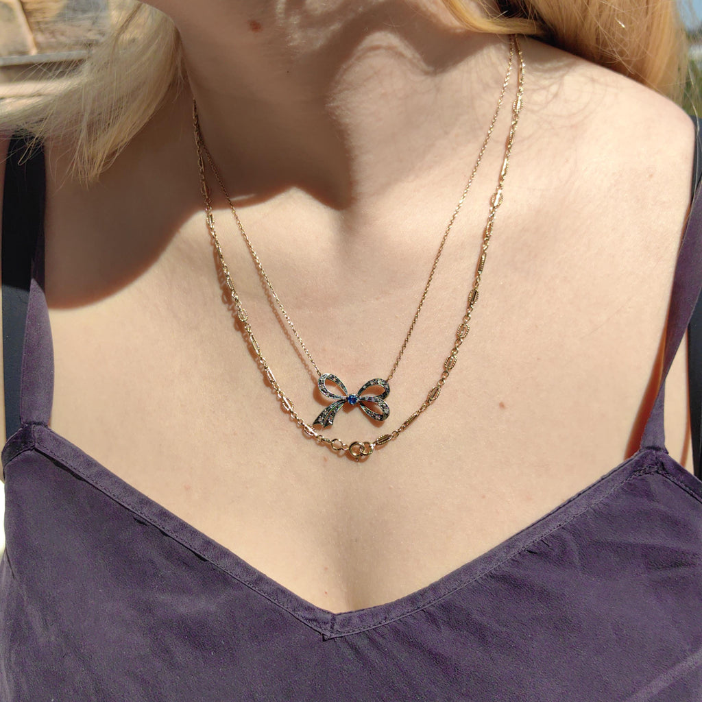 Victorian Sapphire Diamond Bow Pendant: 14k Yellow Gold Antique Necklace