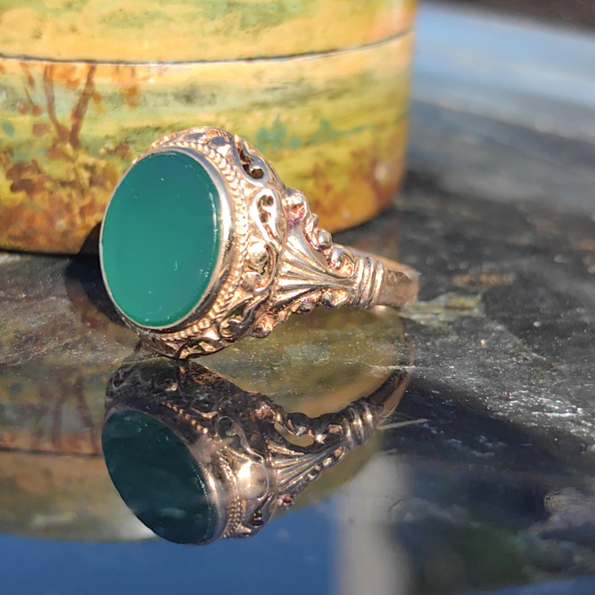 Vintage Chrysoprase Ring: 14k Yellow Gold Floral Solitaire, Size 10