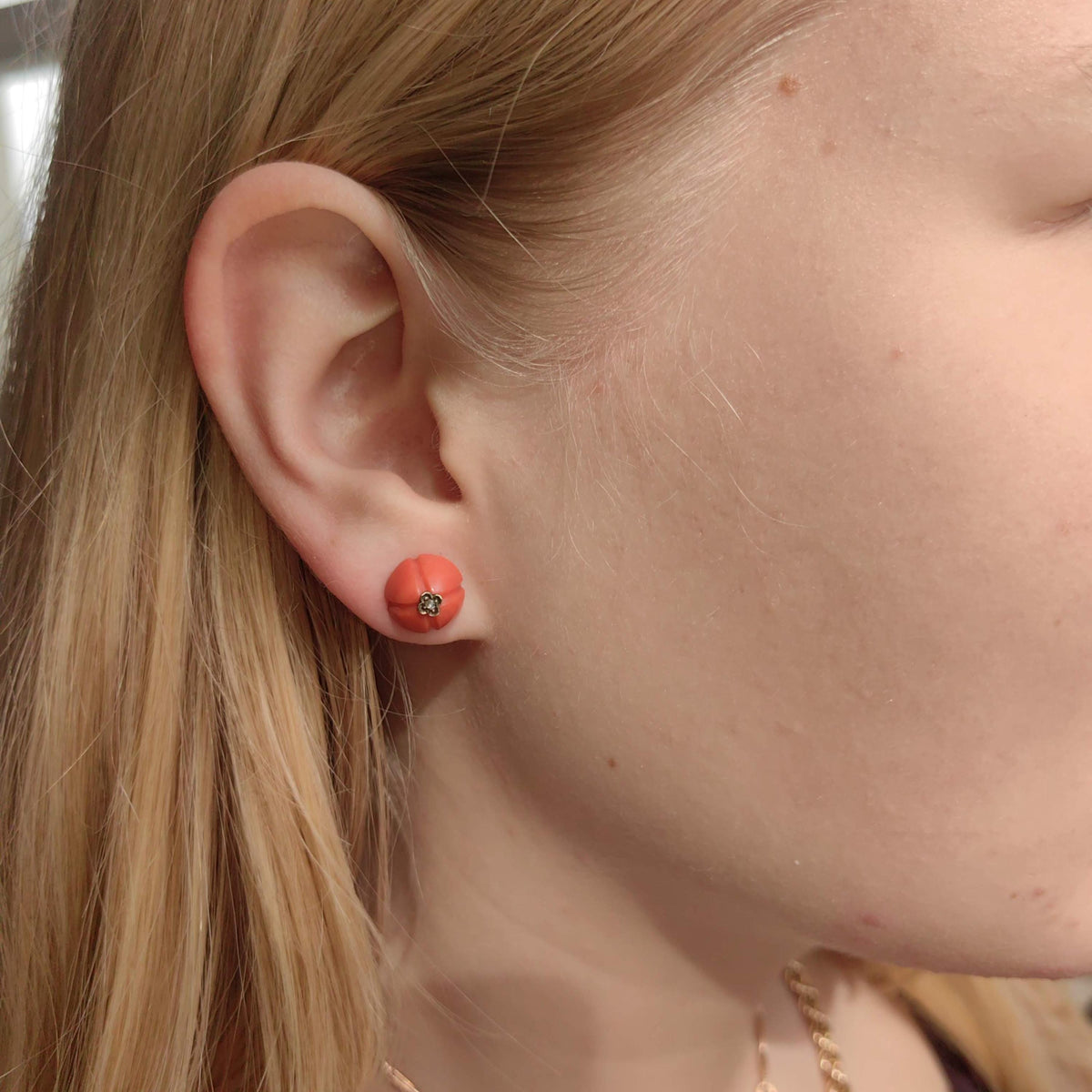 Victorian Coral Stud Earrings: Rose Diamond 18k Gold, Antique 1880s