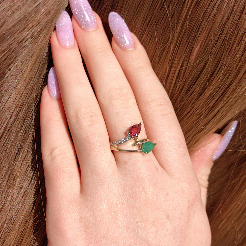 Vintage 14k Yellow Gold Tutti-Frutti Ring: Emerald, Tourmaline & Diamond Bypass