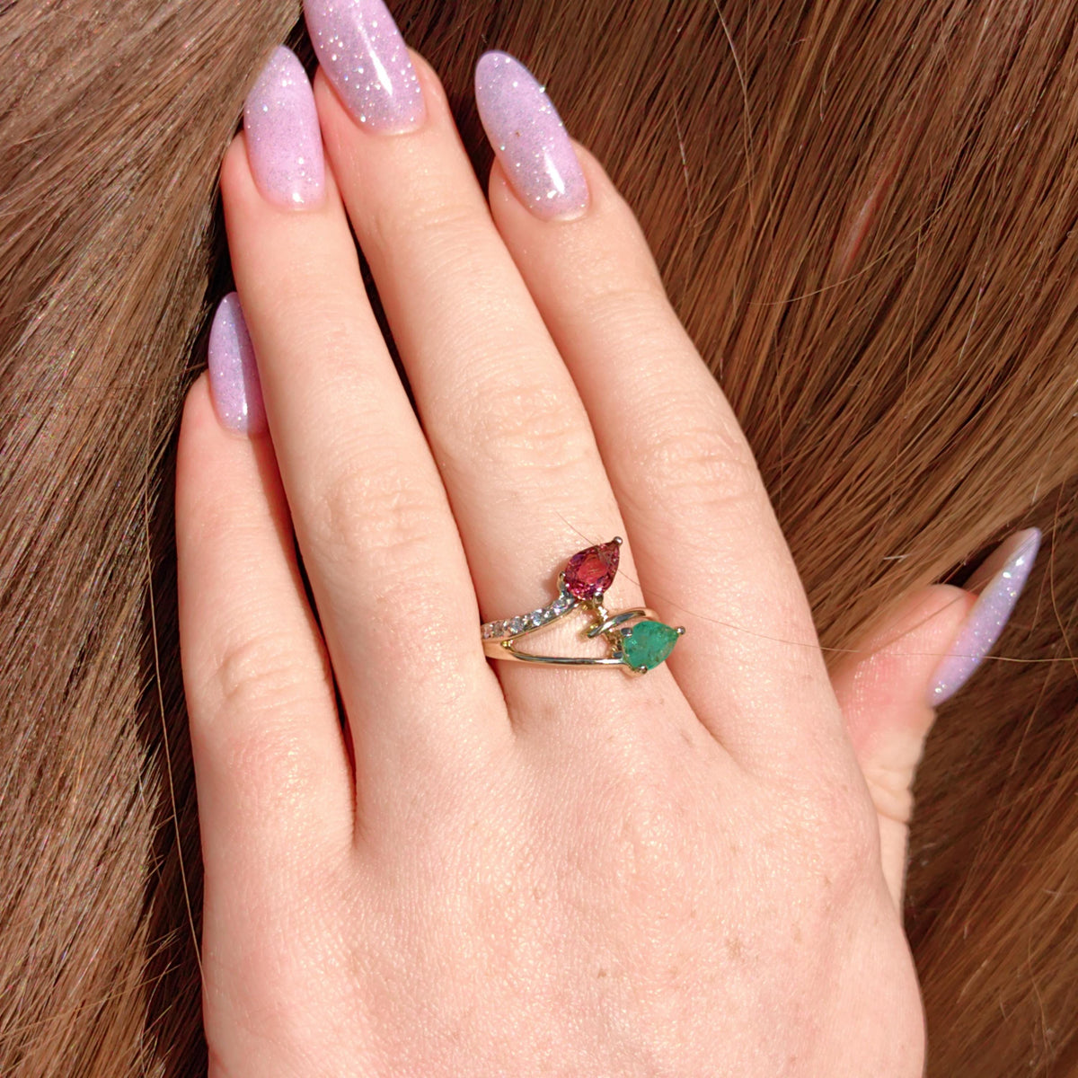 Vintage 14k Yellow Gold Tutti-Frutti Ring: Emerald, Tourmaline & Diamond Bypass
