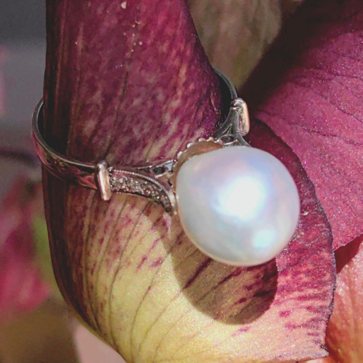 1940s Pearl Diamond Ring: Antique 18k White Gold, Size 6.5