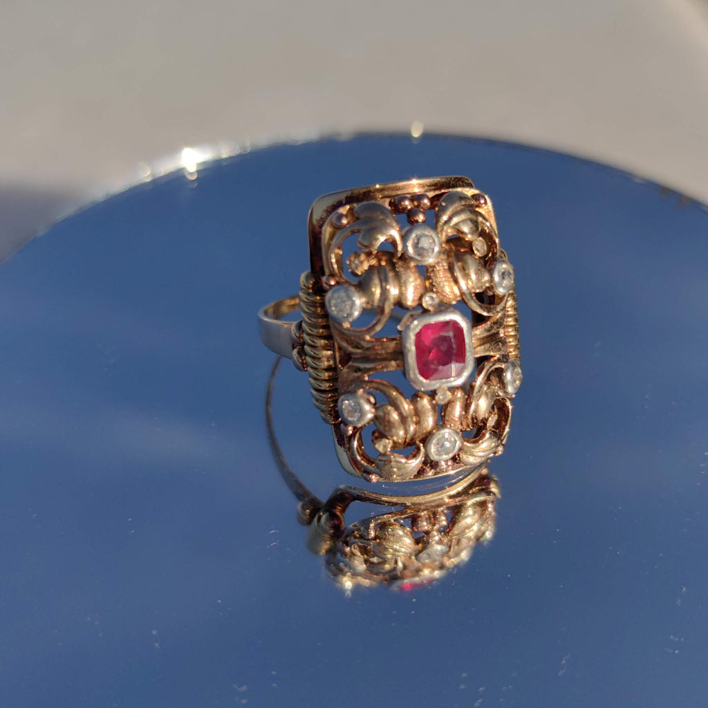 Vintage Art Deco 1920s Natural Red Ruby Diamond Ring Antique 14k Solid Yellow Gold Statement Ring Gift for Her