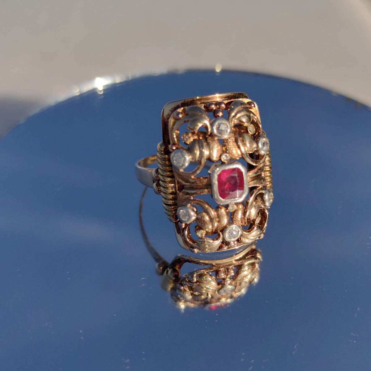 Vintage Art Deco 1920s Natural Red Ruby Diamond Ring Antique 14k Solid Yellow Gold Statement Ring Gift for Her