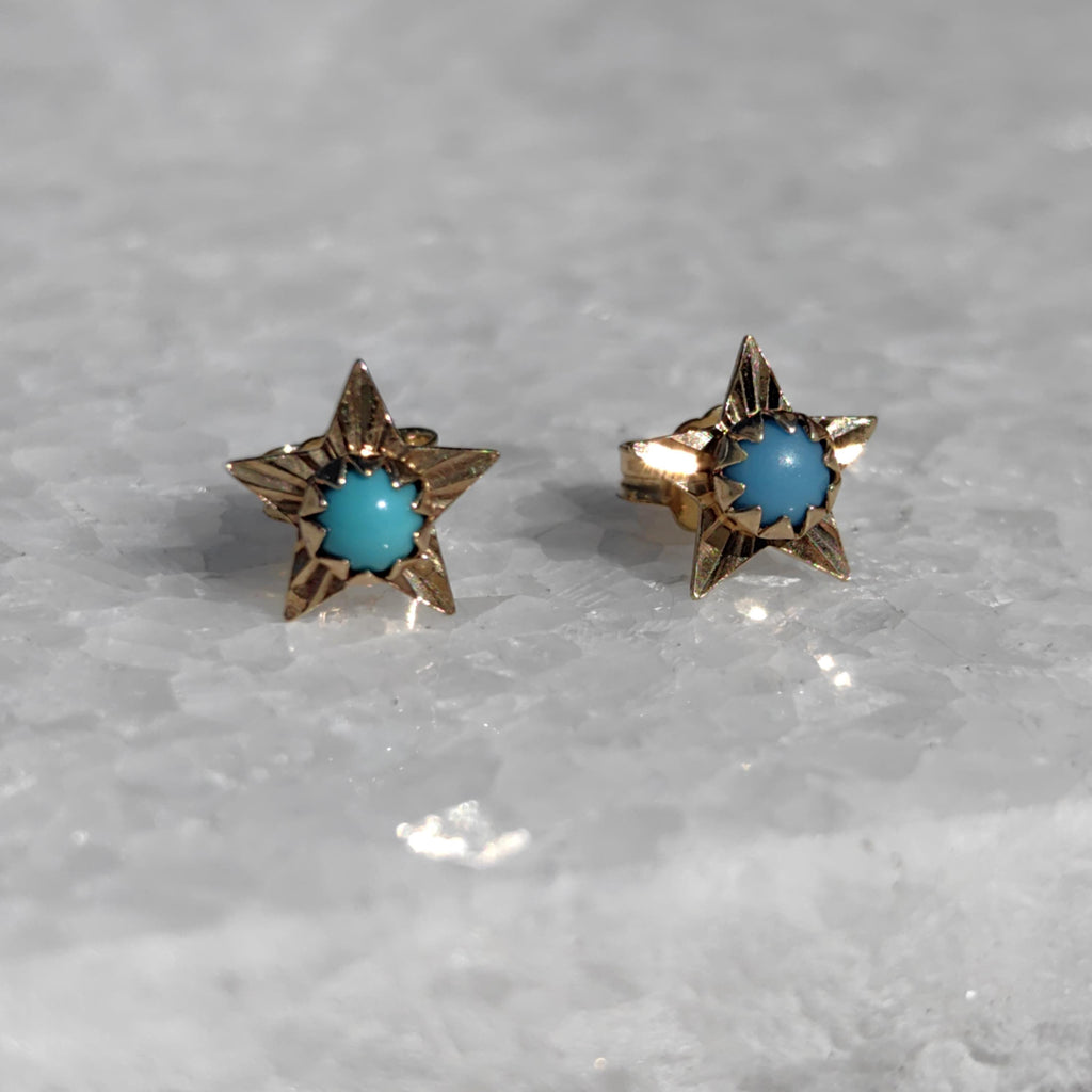 Vintage 14k Gold Turquoise Star Earrings: Mid Century Dainty Dormeuses