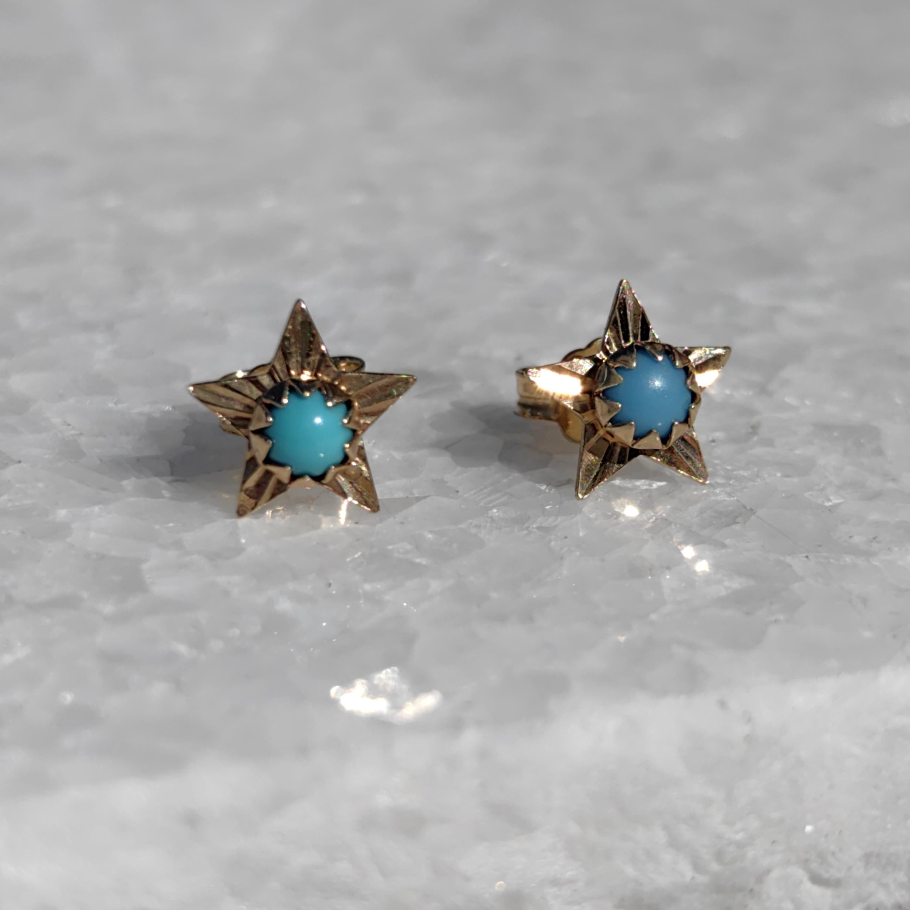 Vintage 14k Gold Turquoise Star Earrings: Mid Century Dainty Dormeuses