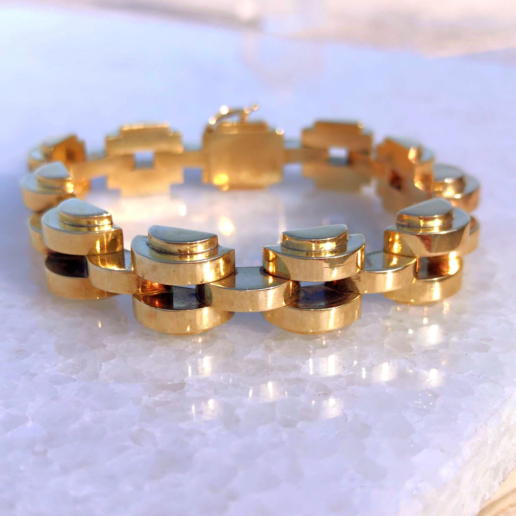 Art Deco 14k Gold Geometric Link Bracelet - 21cm Handmade Statement