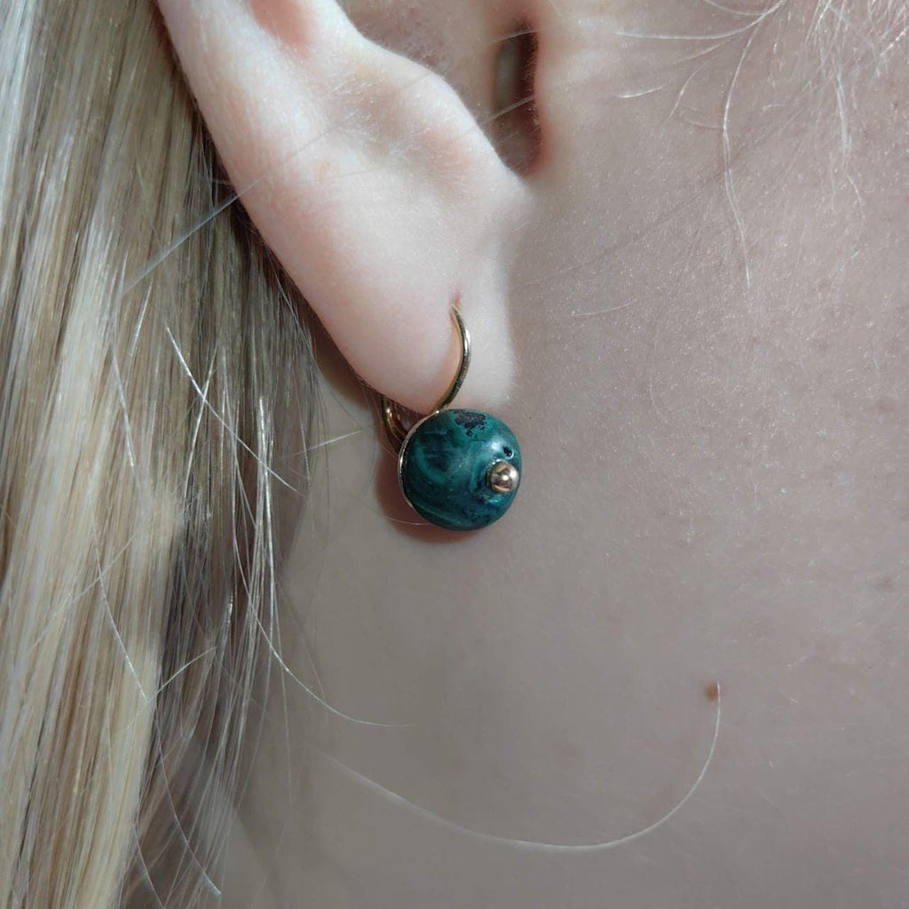 Antique 14k Gold Malachite Earrings: Art Nouveau Sleepers
