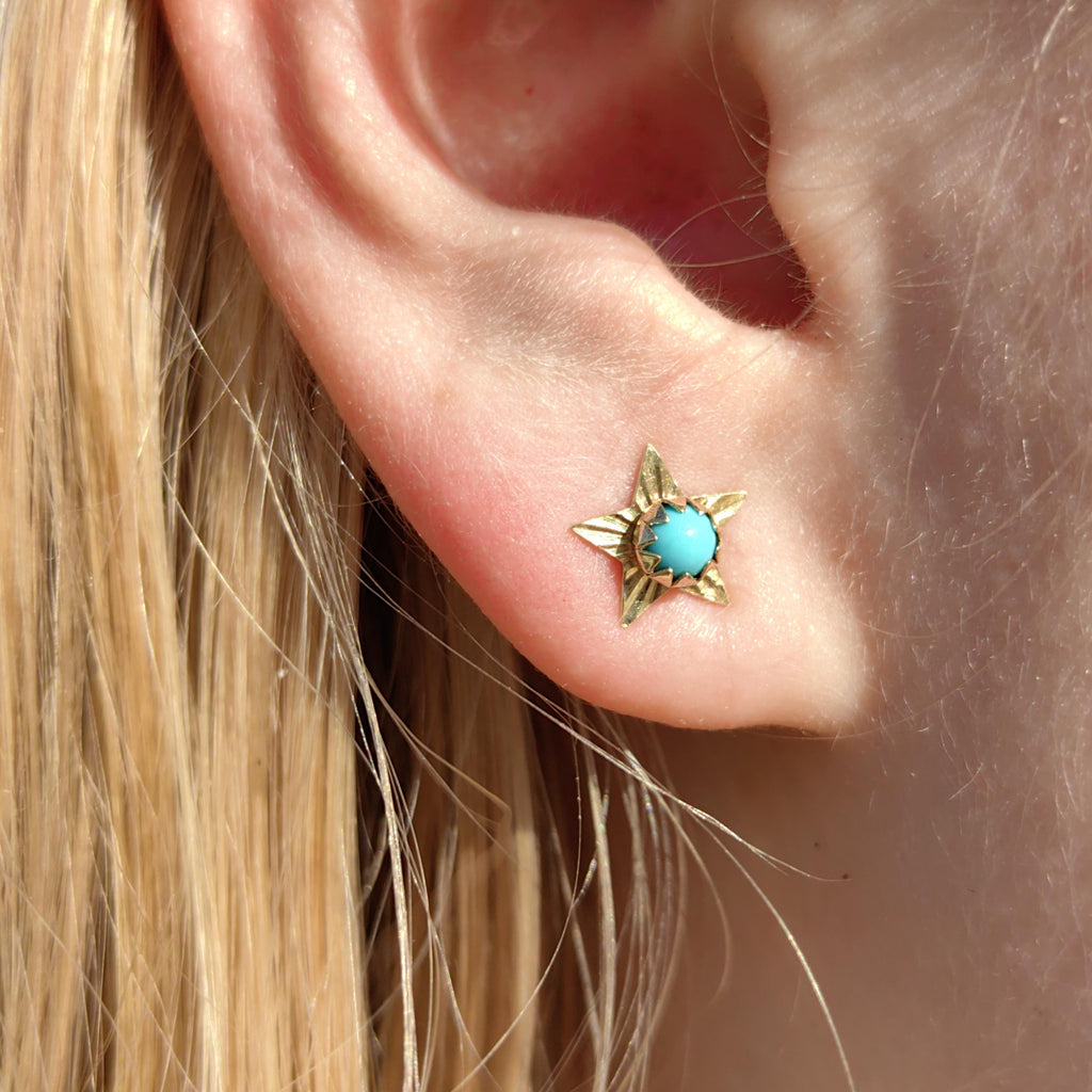 Vintage 14k Gold Turquoise Star Earrings: Mid Century Dainty Dormeuses