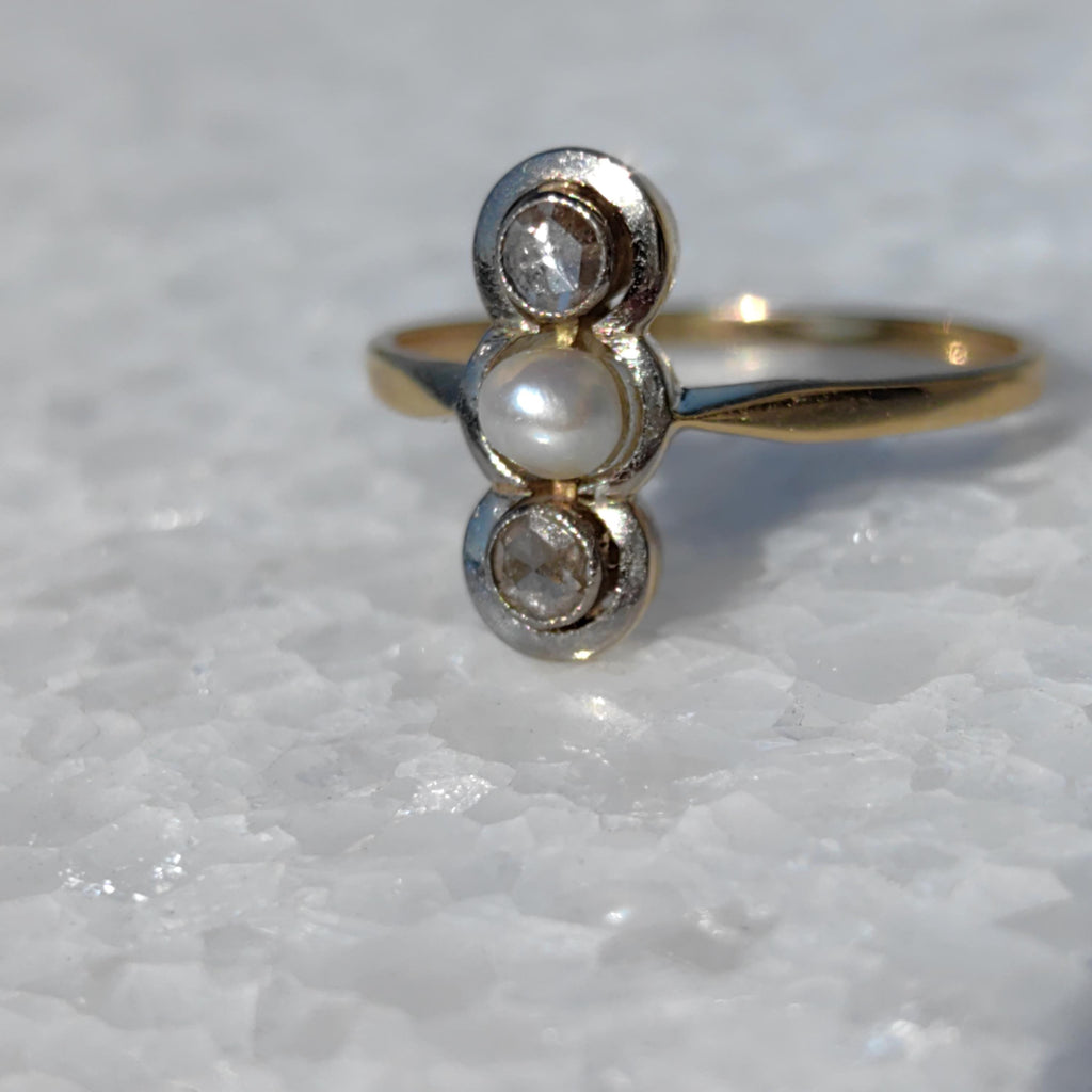 Art Nouveau Pearl Engagement Ring: Diamond 18k Gold Antique Three-Stone
