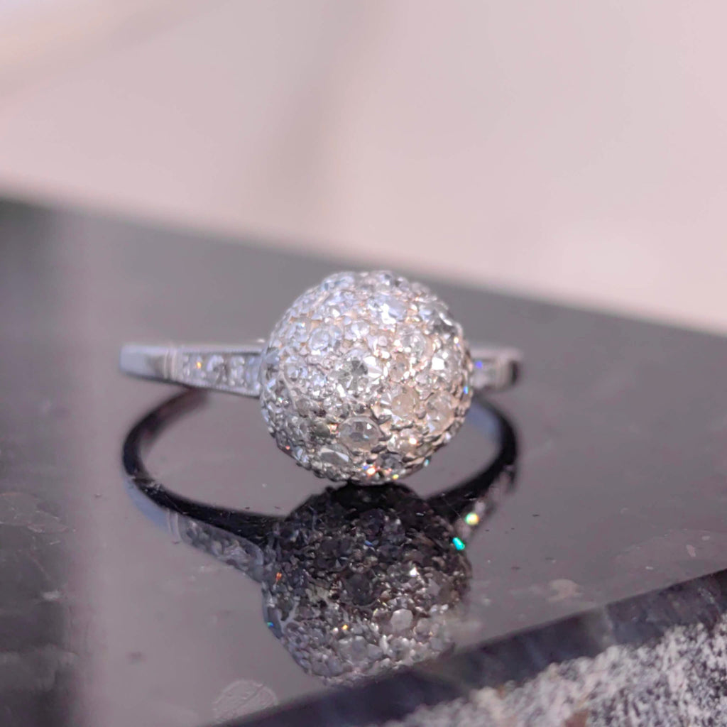 Art Deco Platinum Diamond Globe Ring: 1930s Antique Pavé Engagement