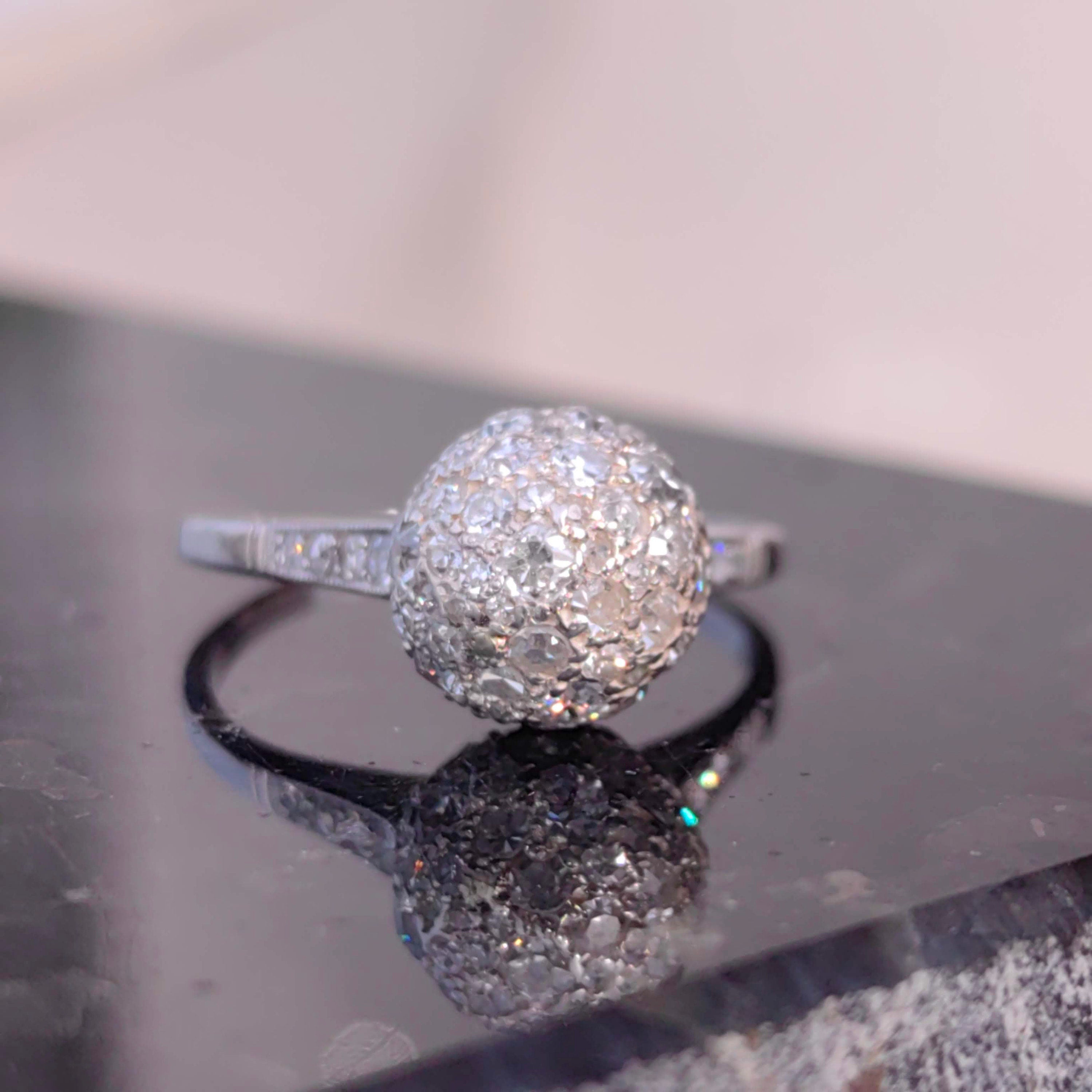Art Deco Platinum Diamond Globe Ring: 1930s Antique Pavé Engagement