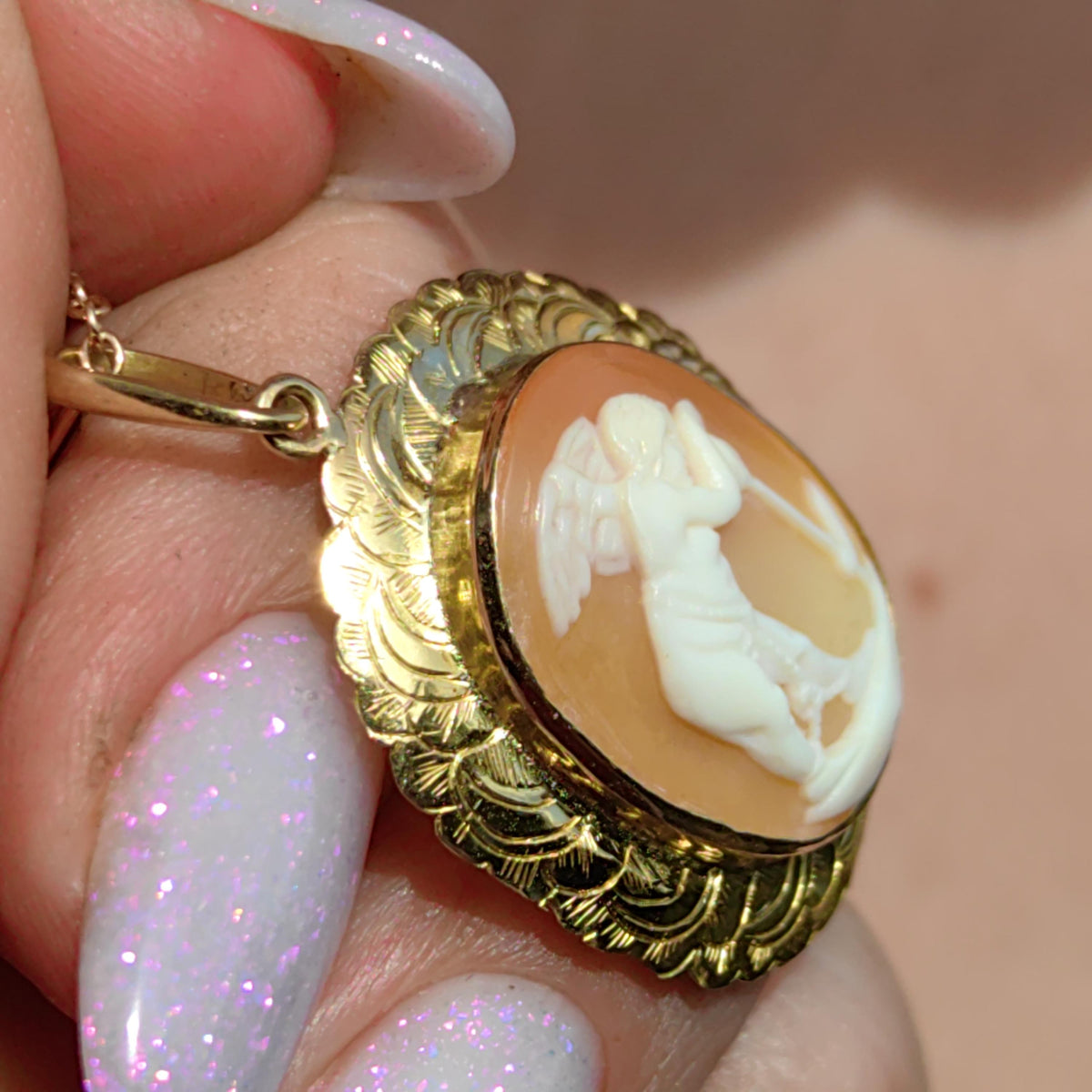 Victorian 18k Gold Shell Cameo Brooch Pendant: Angel, Hope & Faith
