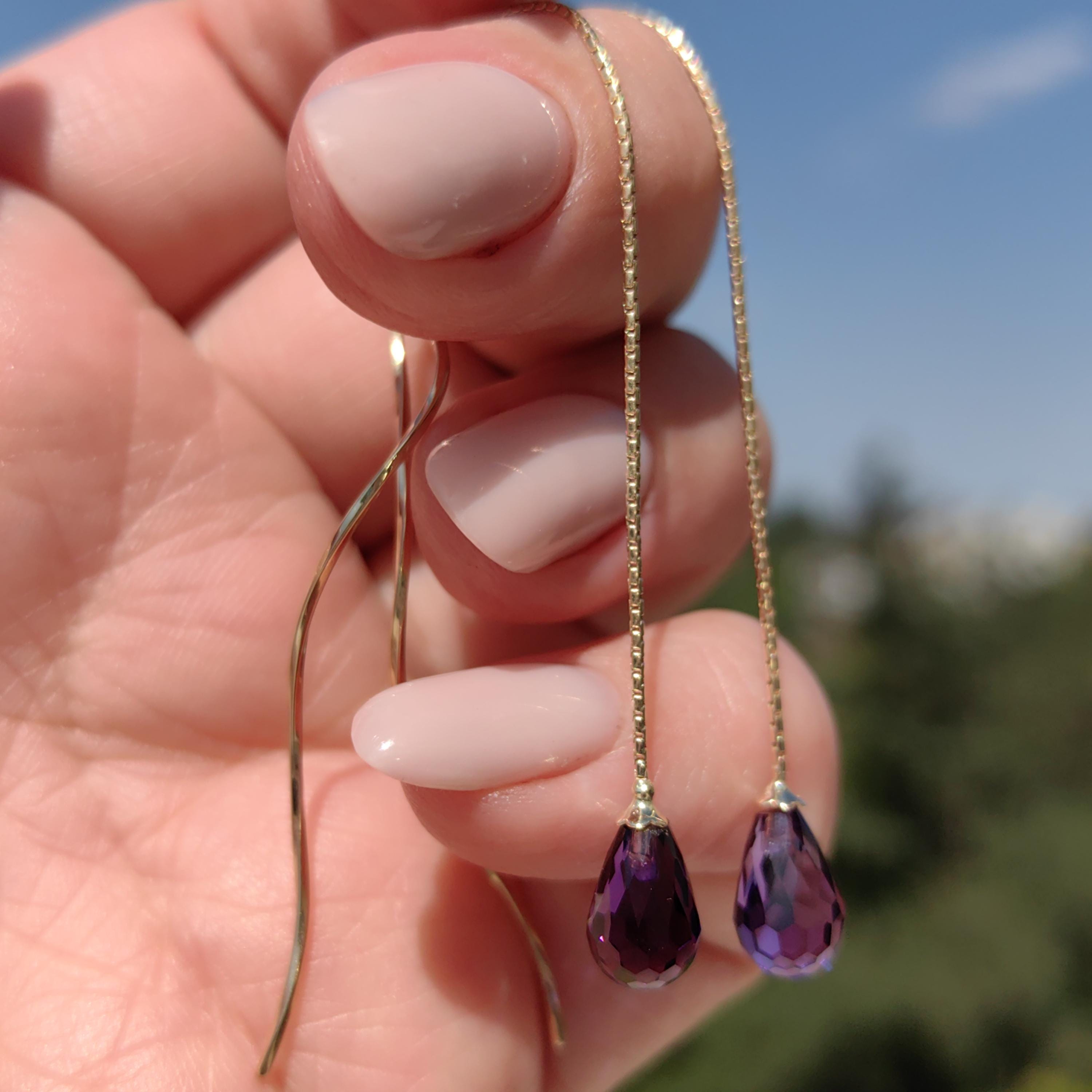 Natural Purple Amethyst Drop 14k Solid  Yellow Gold Dangle Elegant Long Statement Chain Earrings Gift for Her