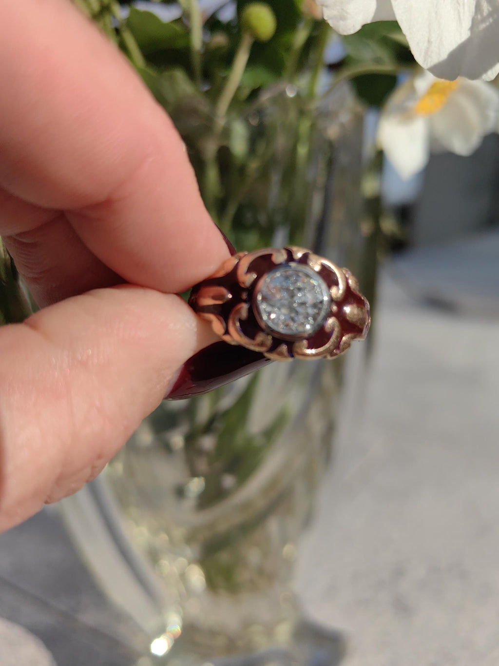 Diamond Victorian 1890s Solid 18k Gold dark Purple Aubergine Enamel Antique Engagement Statement Ring Elegant Vintage Gift for Her
