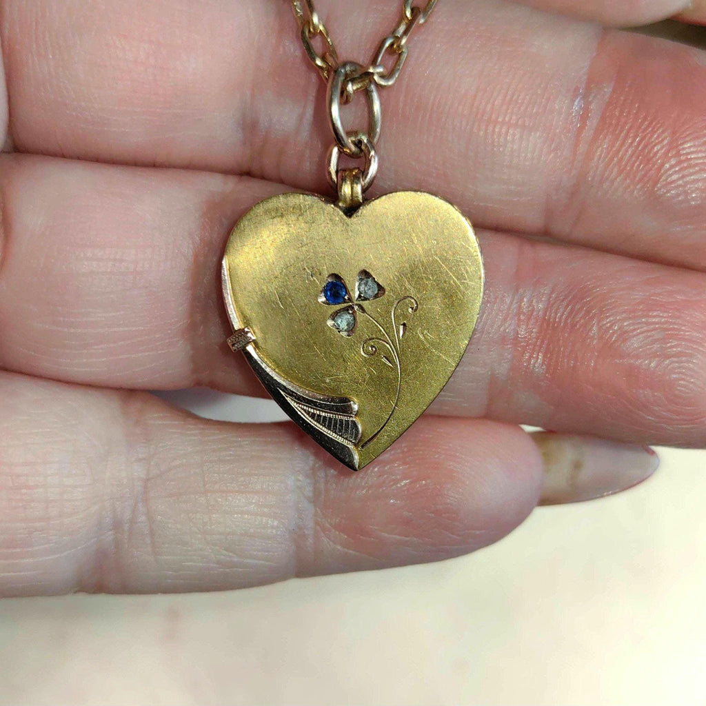 Victorian 14k Gold Heart Pendant: Diamond Sapphire Floral Necklace, 1880s Antique Charm