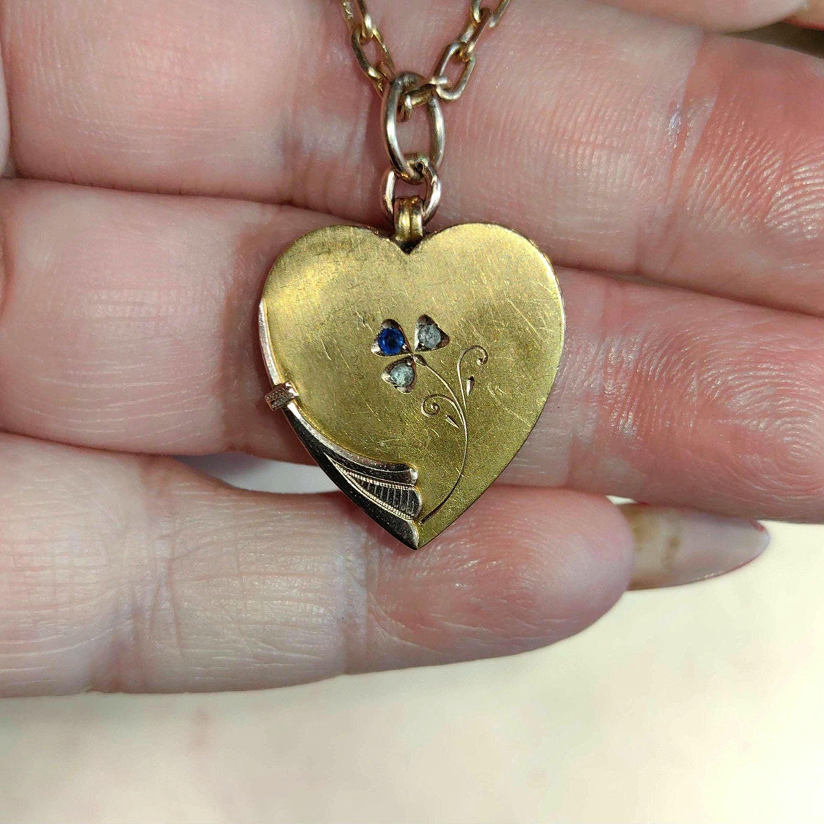 Victorian 14k Gold Heart Pendant: Diamond Sapphire Floral Necklace, 1880s Antique Charm