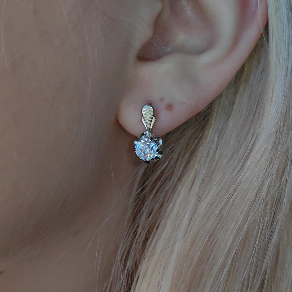 Mid century Solitaire Natural Cubic Zirconia Solid Hallmarked 14k Gold Antique Sleepers Dormouse Earrings Gift for Her